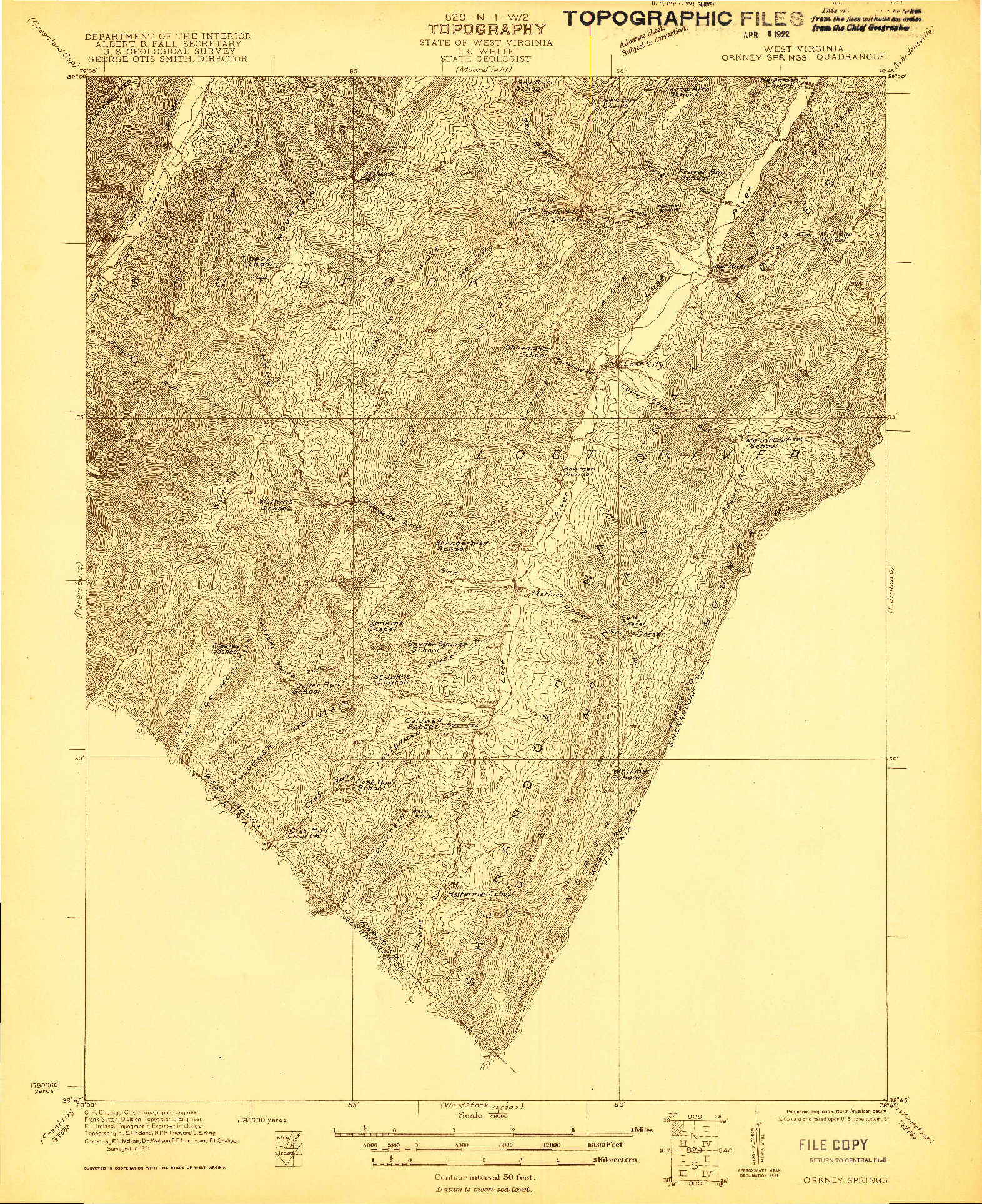 USGS 1:48000-SCALE QUADRANGLE FOR ORKNEY SPRINGS, WV 1921