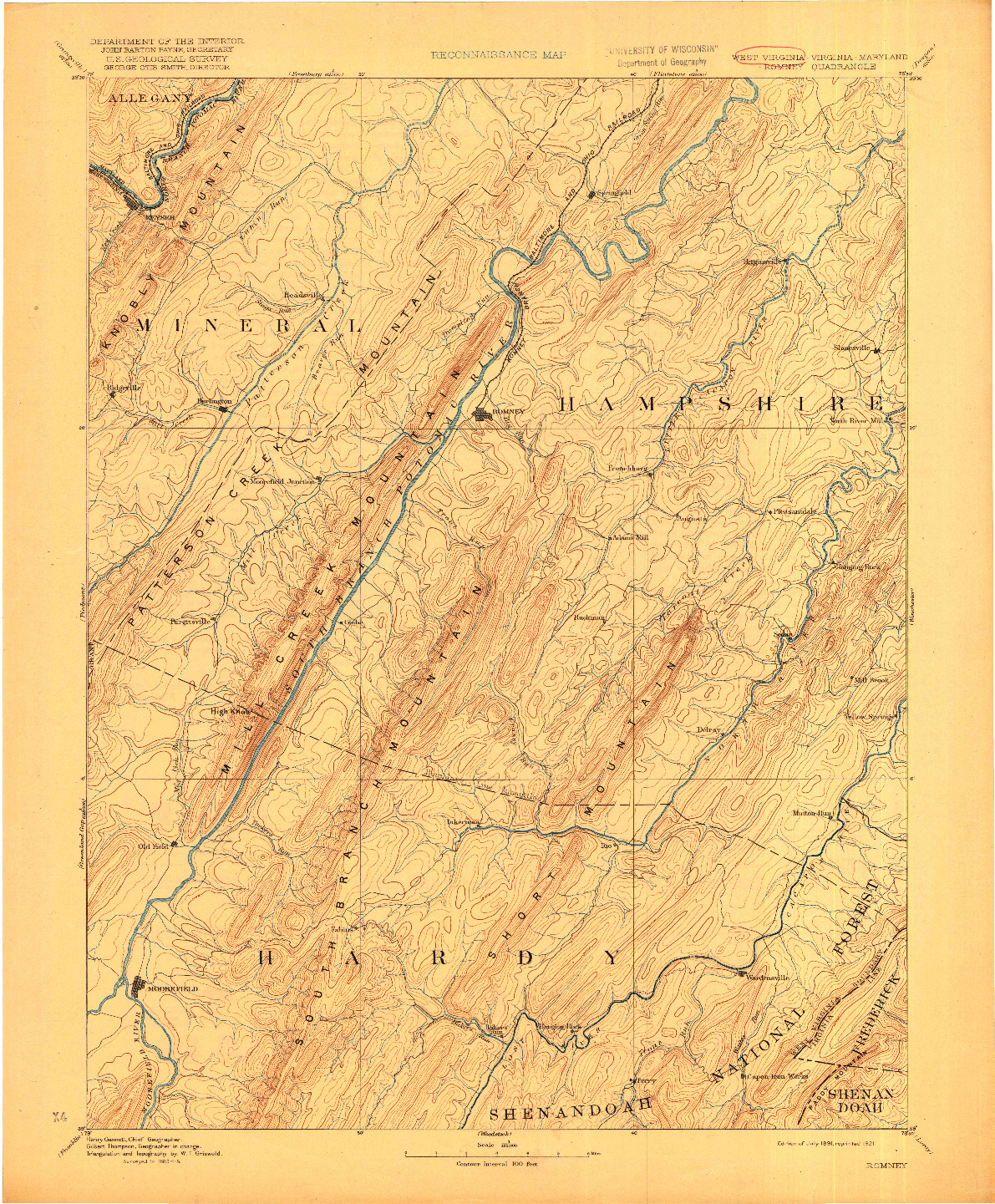 USGS 1:125000-SCALE QUADRANGLE FOR ROMNEY, WV 1891