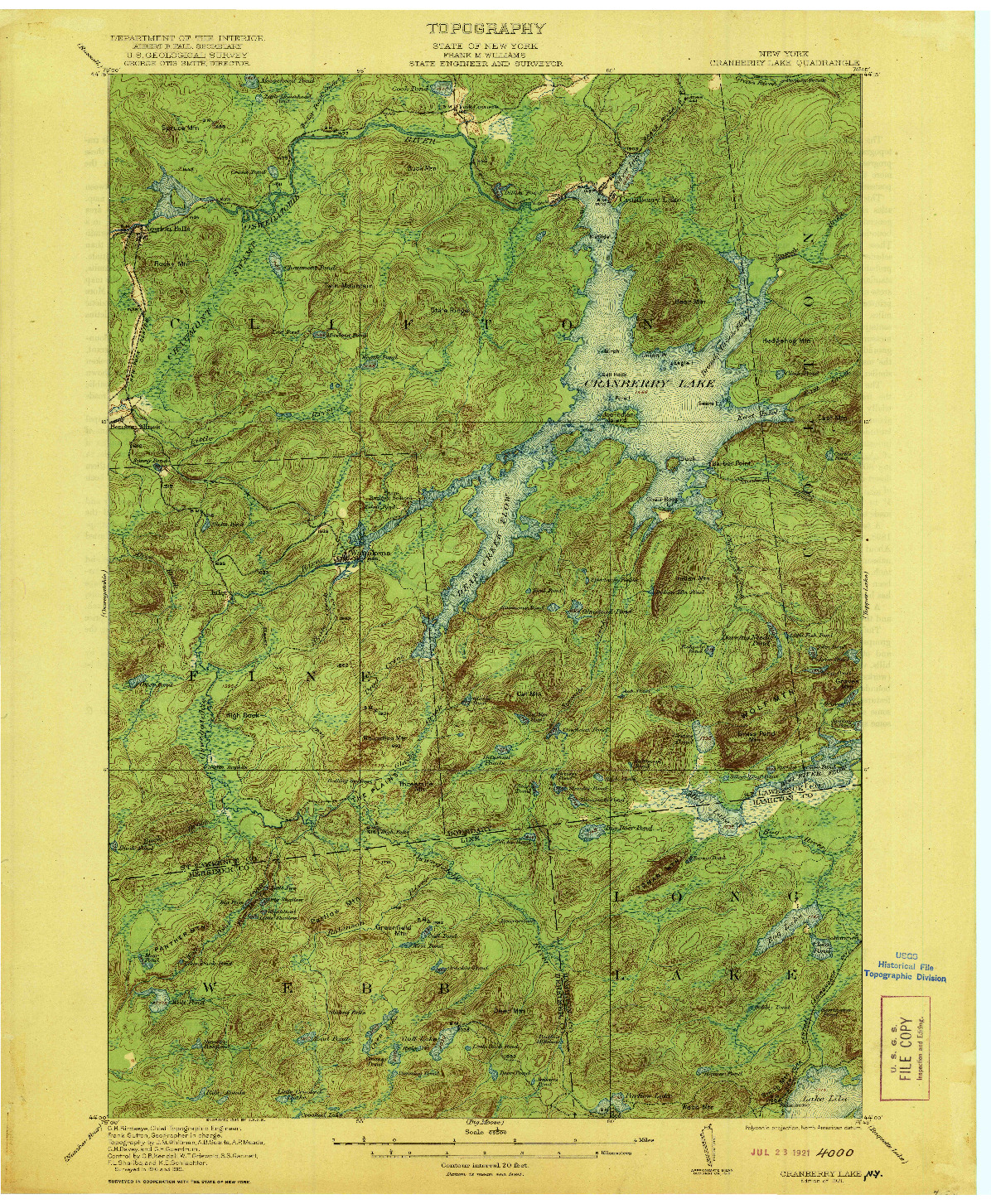 USGS 1:62500-SCALE QUADRANGLE FOR CRANBERRY LAKE, NY 1921