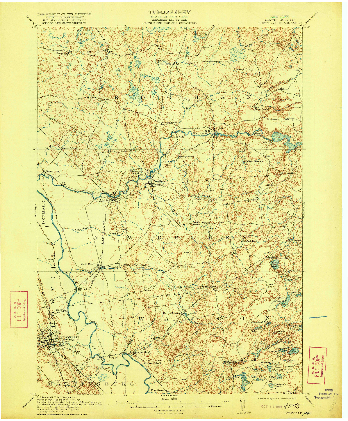 USGS 1:62500-SCALE QUADRANGLE FOR LOWVILLE, NY 1913