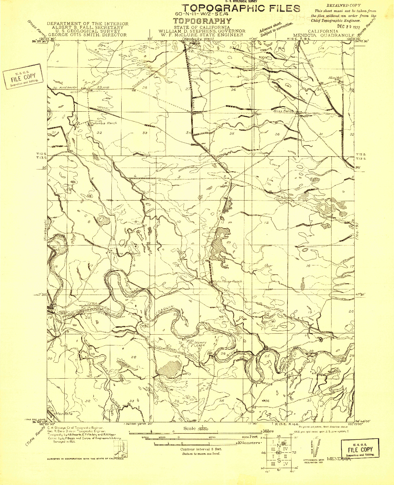 USGS 1:31680-SCALE QUADRANGLE FOR MENDOTA, CA 1921