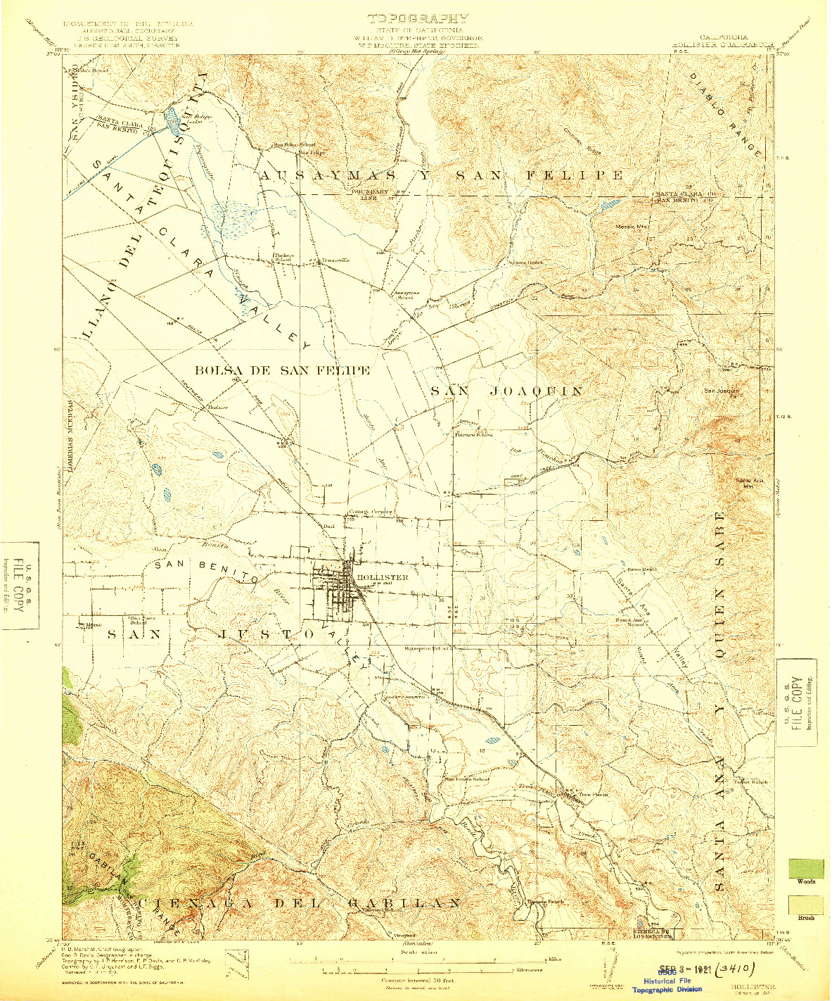 USGS 1:62500-SCALE QUADRANGLE FOR HOLLISTER, CA 1921