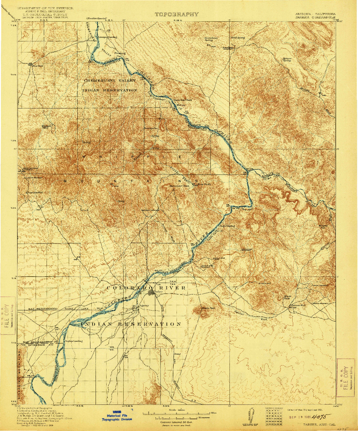 USGS 1:125000-SCALE QUADRANGLE FOR PARKER, AZ 1911