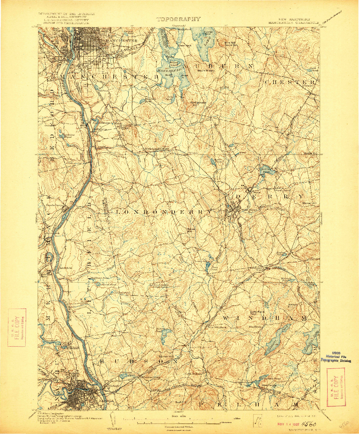 USGS 1:62500-SCALE QUADRANGLE FOR MANCHESTER, NH 1905