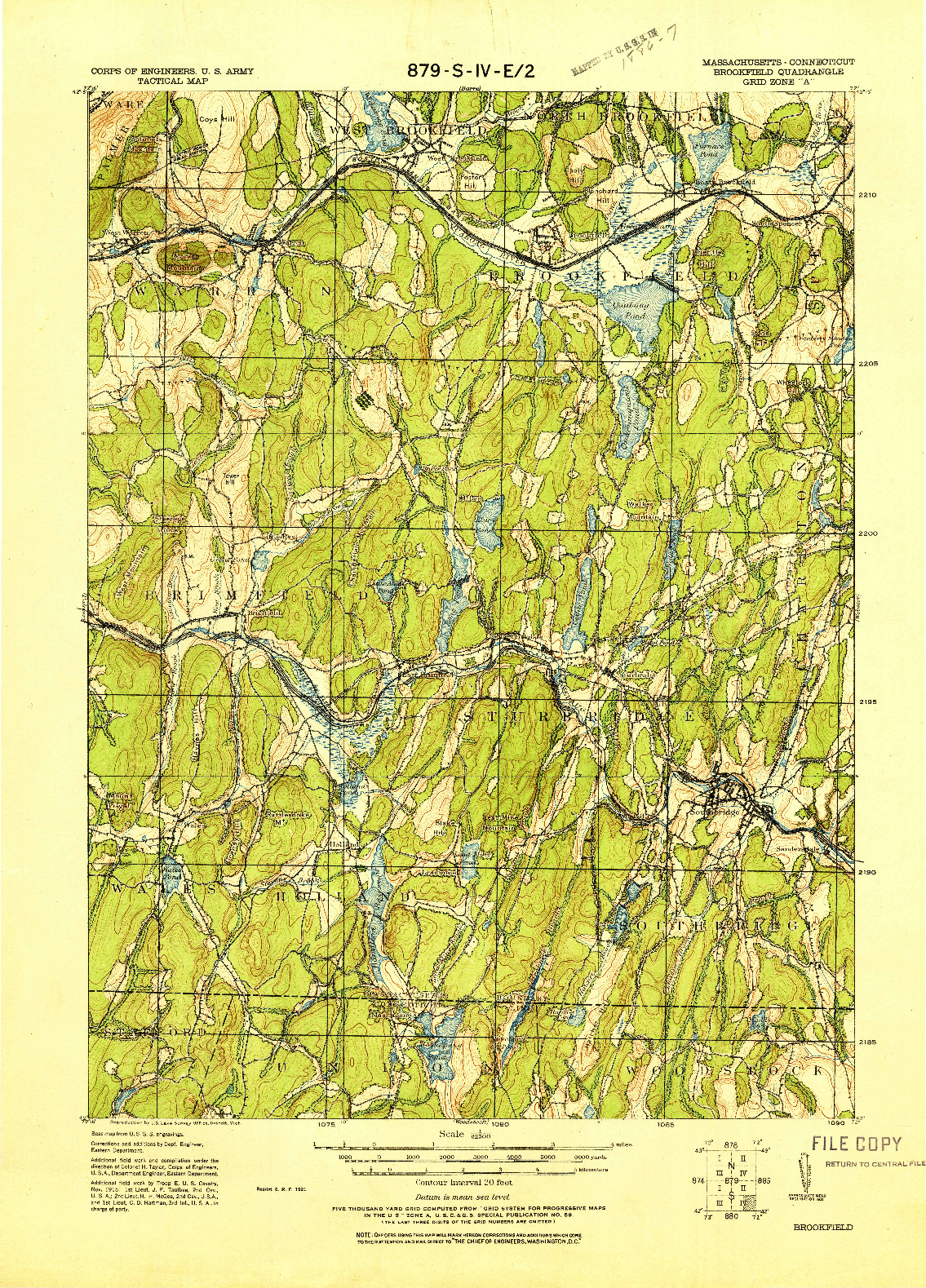 USGS 1:62500-SCALE QUADRANGLE FOR BROOKFIELD, MA 1921