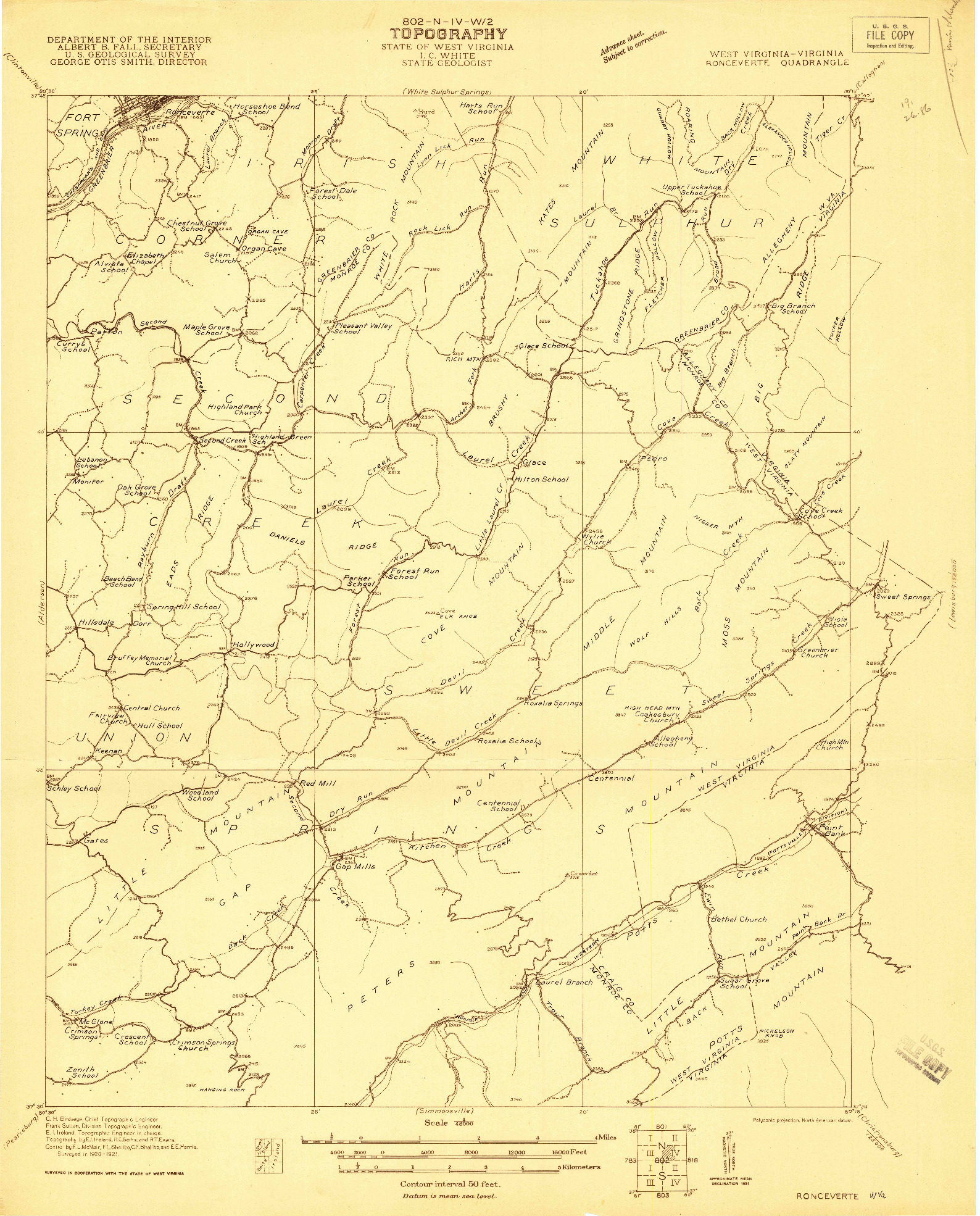 USGS 1:48000-SCALE QUADRANGLE FOR RONCEVERTE, WV 1921