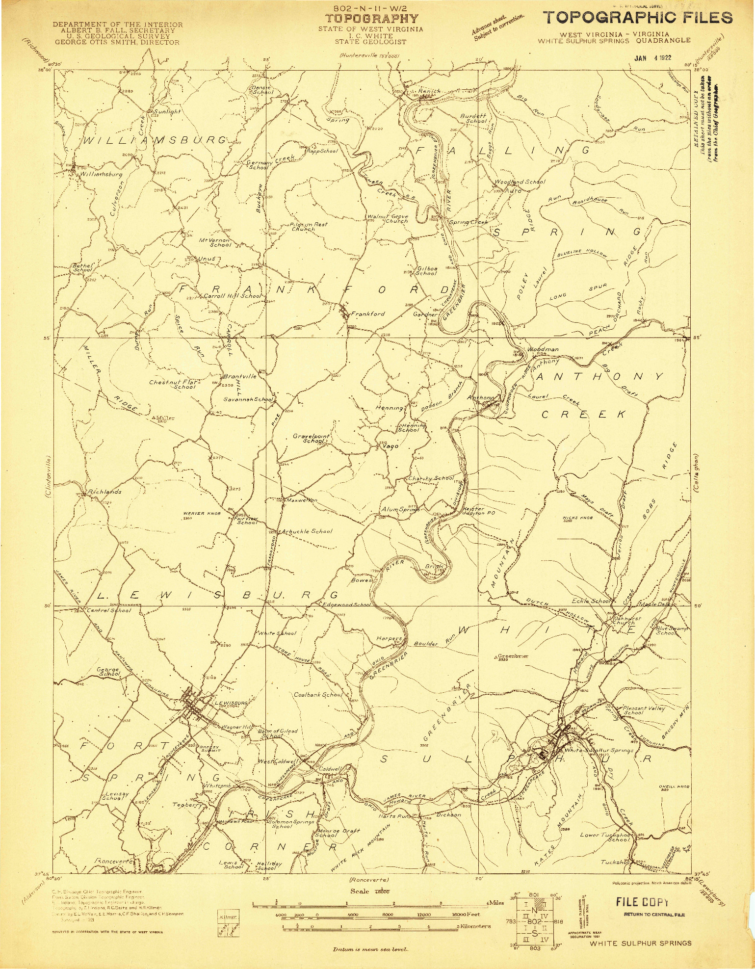 USGS 1:48000-SCALE QUADRANGLE FOR WHITE SULPHUR SPRINGS, WV 1921