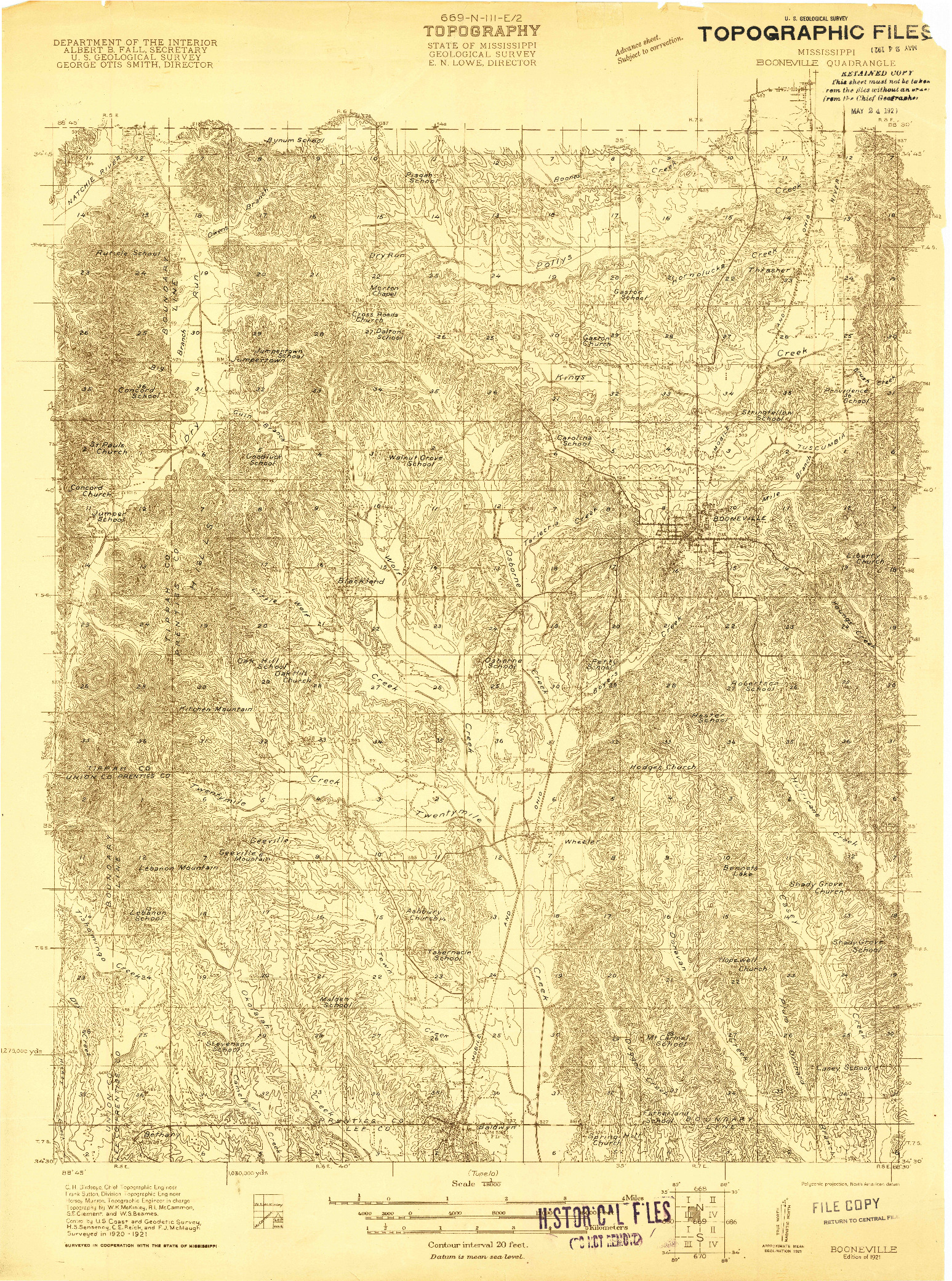 USGS 1:48000-SCALE QUADRANGLE FOR BOONEVILLE, MS 1921