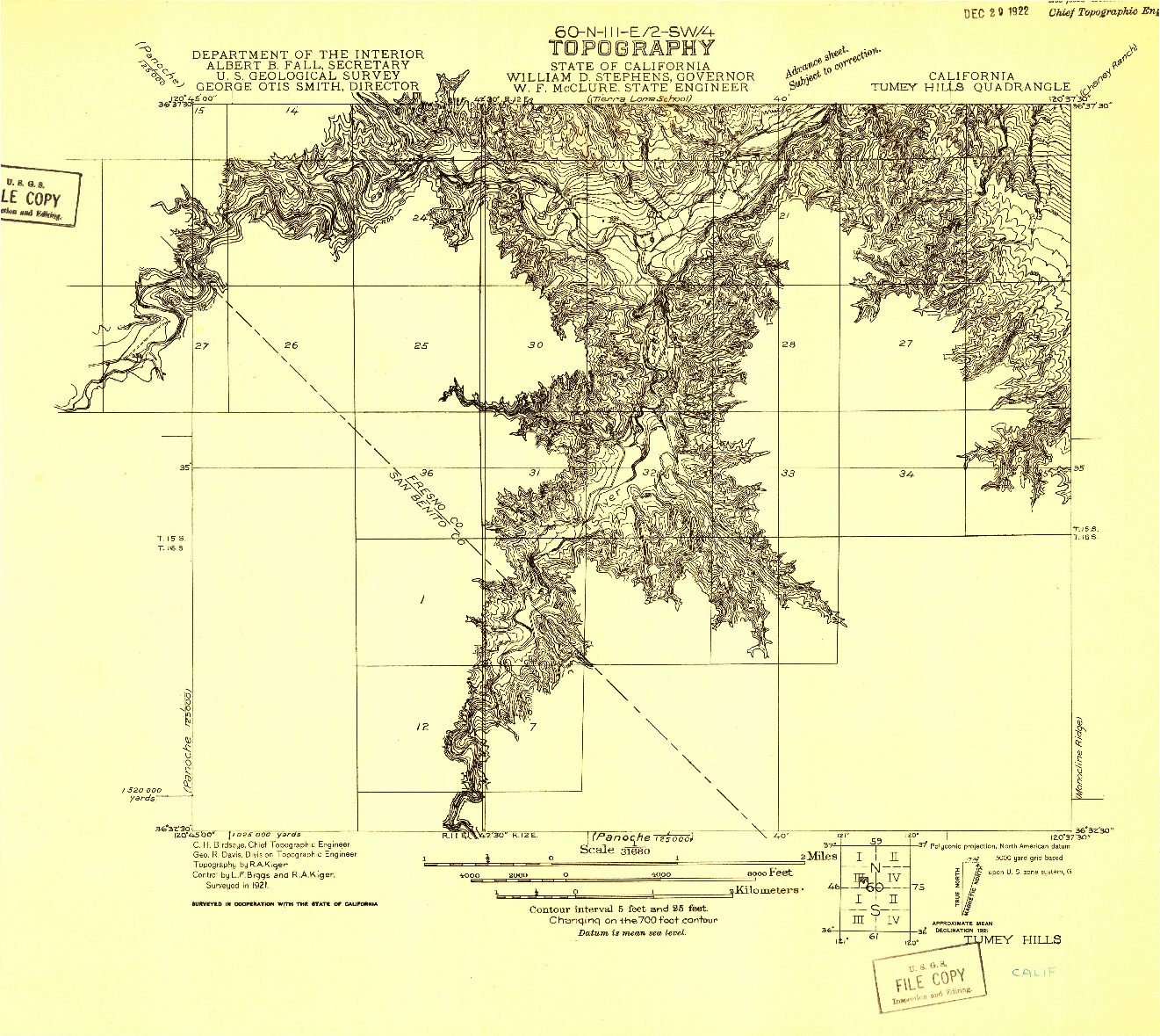 USGS 1:31680-SCALE QUADRANGLE FOR TUMEY HILLS, CA 1921