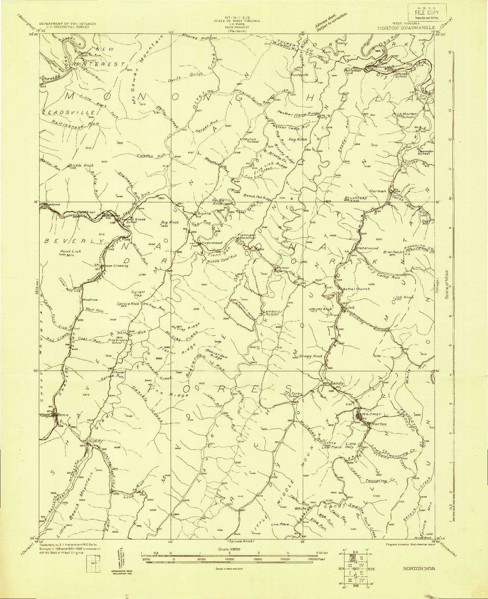 USGS 1:48000-SCALE QUADRANGLE FOR HORTON, WV 1922