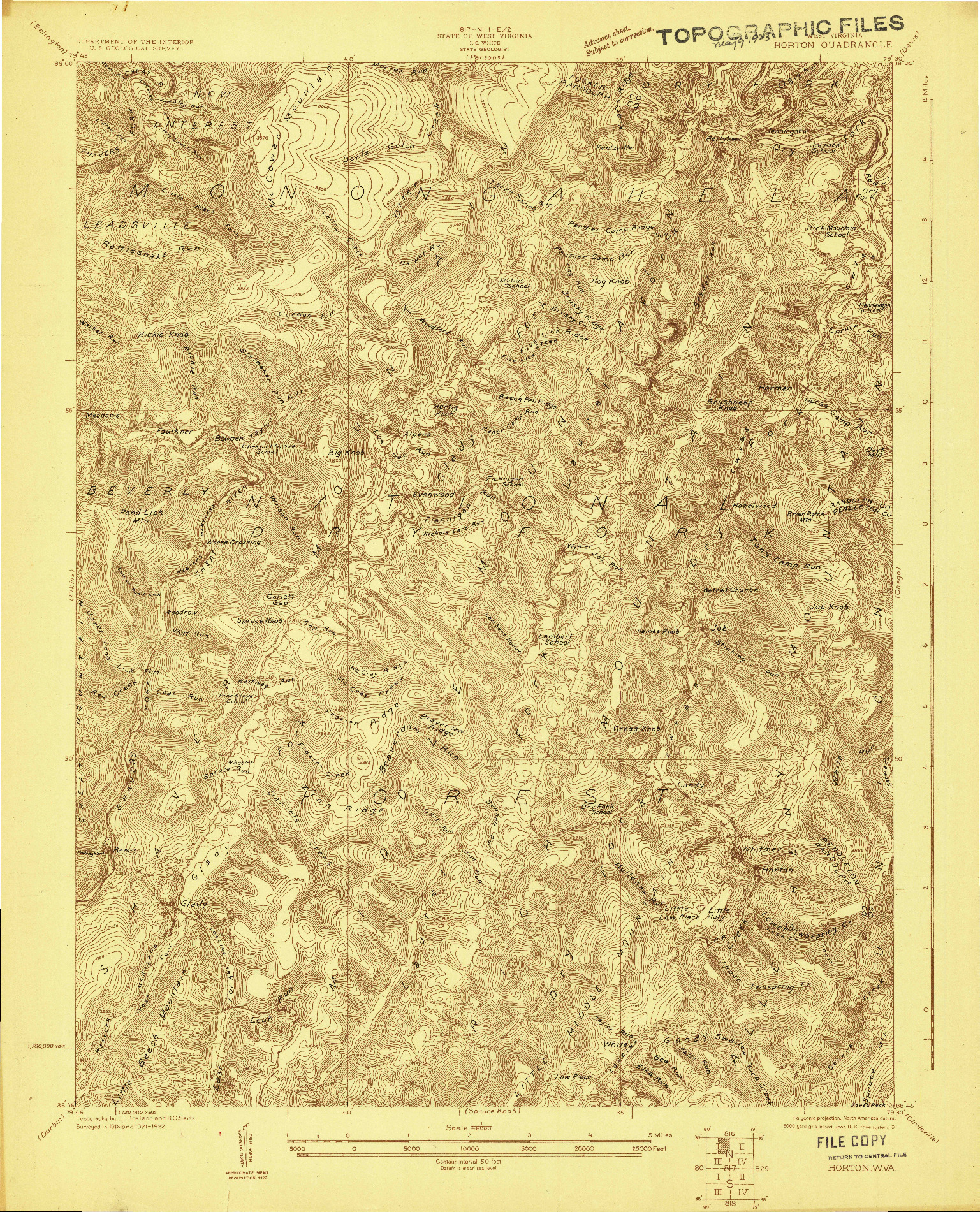 USGS 1:48000-SCALE QUADRANGLE FOR HORTON, WV 1922