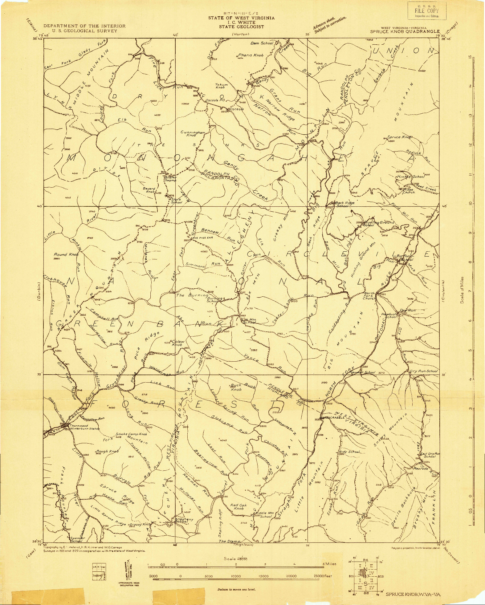 USGS 1:48000-SCALE QUADRANGLE FOR SPRUCE KNOB, WV 1922