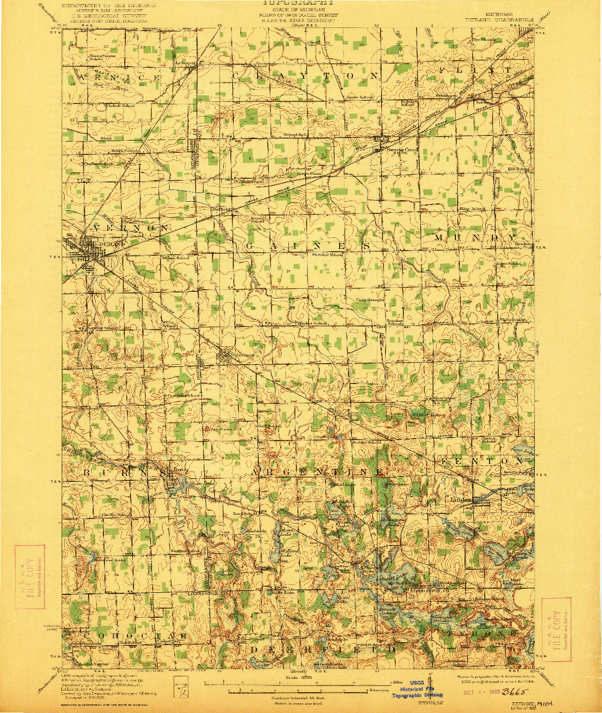 USGS 1:62500-SCALE QUADRANGLE FOR DURAND, MI 1922