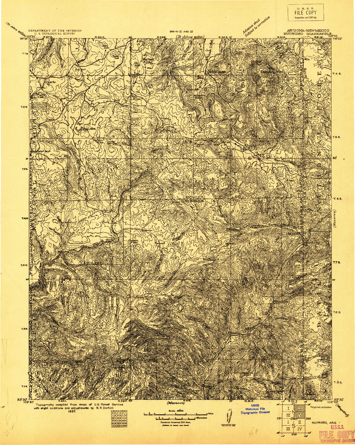 USGS 1:125000-SCALE QUADRANGLE FOR NUTRIOSO, AZ 1922