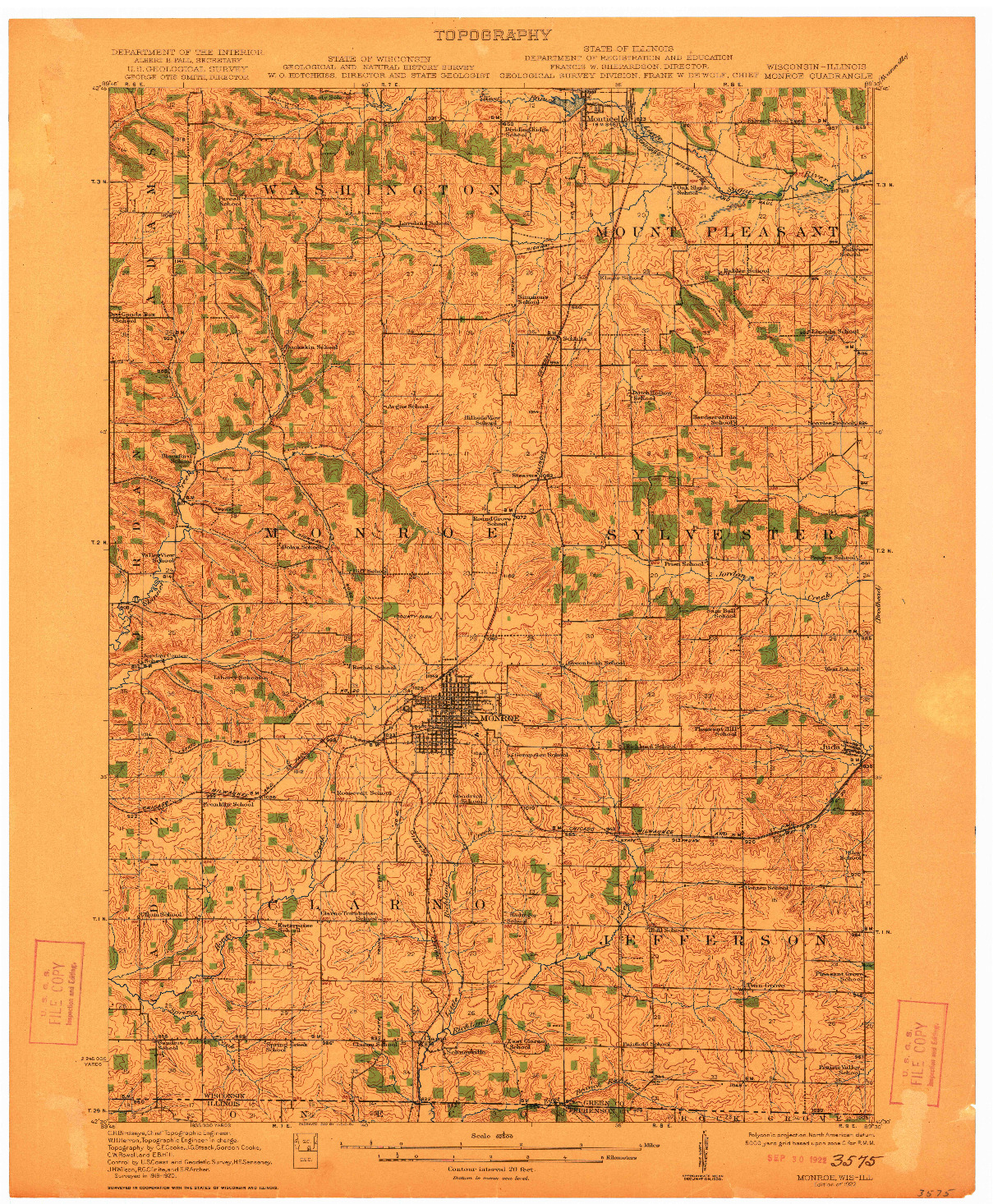 USGS 1:62500-SCALE QUADRANGLE FOR MONROE, WI 1922