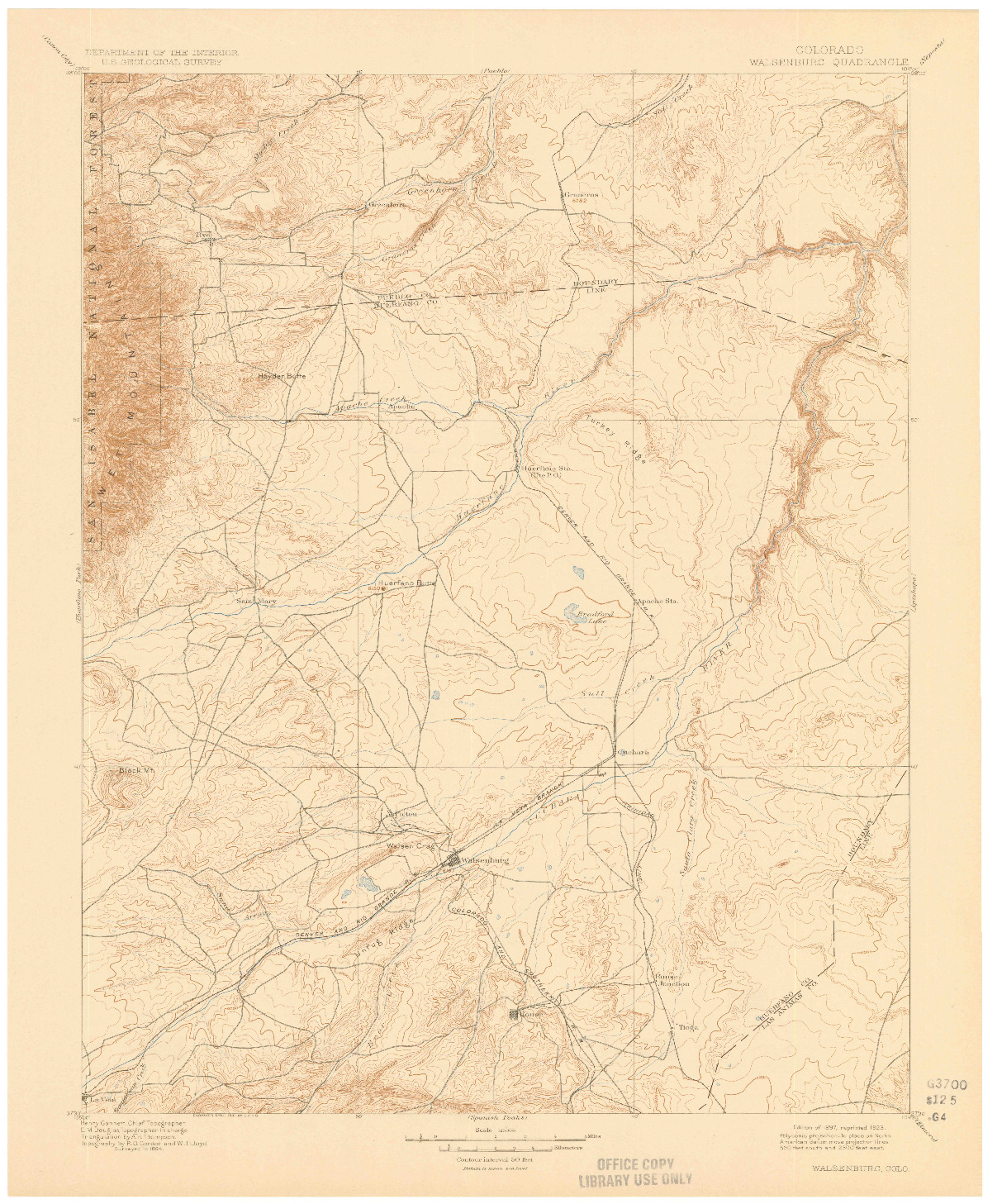 USGS 1:125000-SCALE QUADRANGLE FOR WALSENBURG, CO 1897