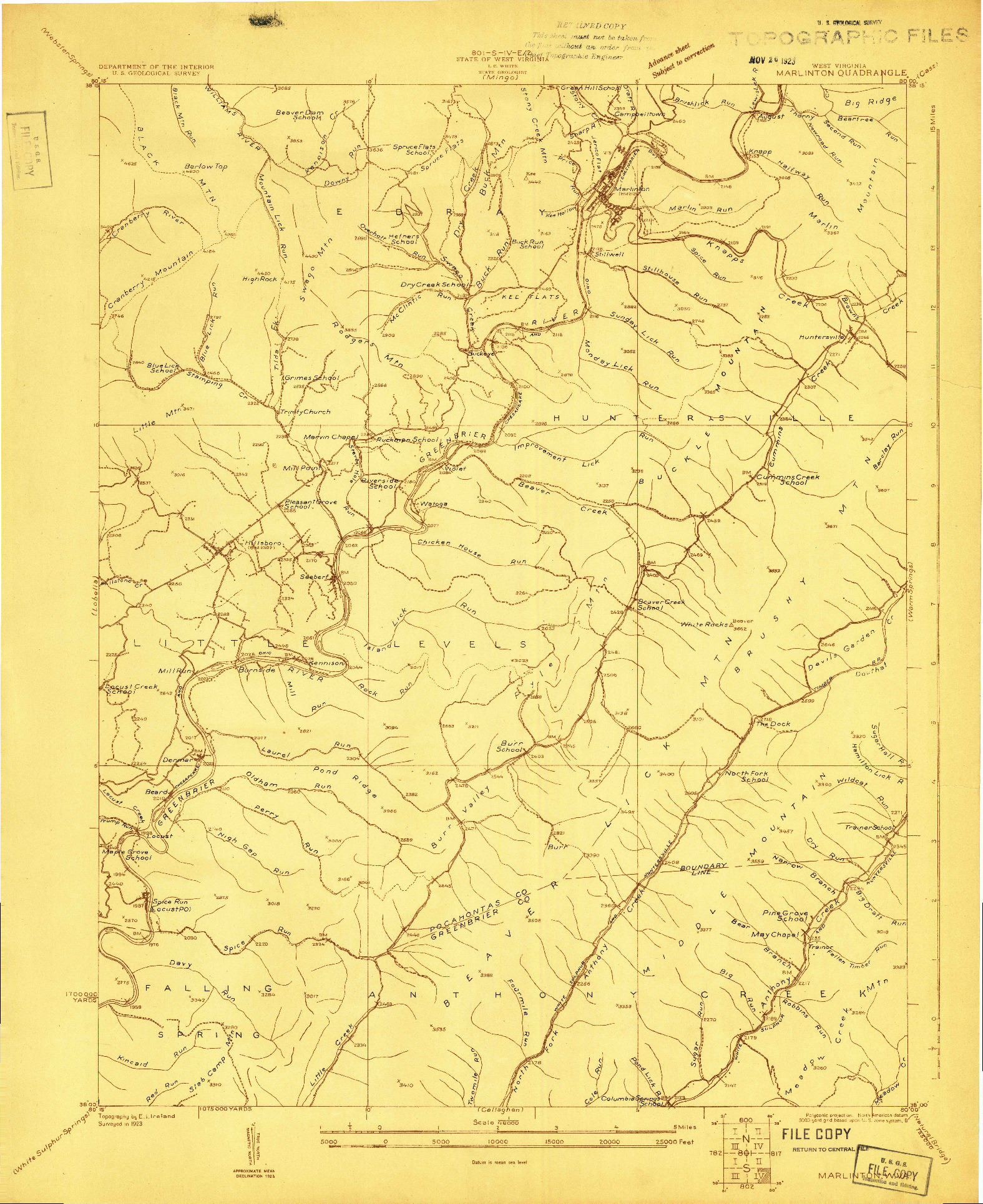 USGS 1:48000-SCALE QUADRANGLE FOR MARLINTON, WV 1923