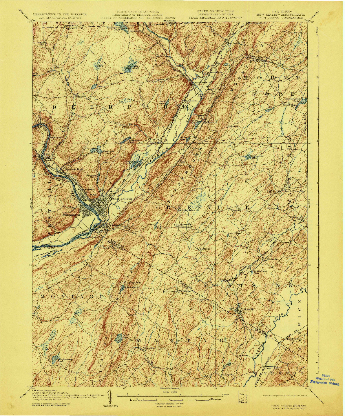 USGS 1:62500-SCALE QUADRANGLE FOR PORT JERVIS, NY 1908