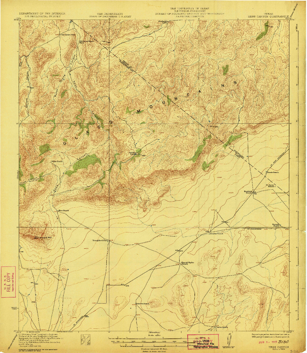 USGS 1:62500-SCALE QUADRANGLE FOR HESS CANYON, TX 1923