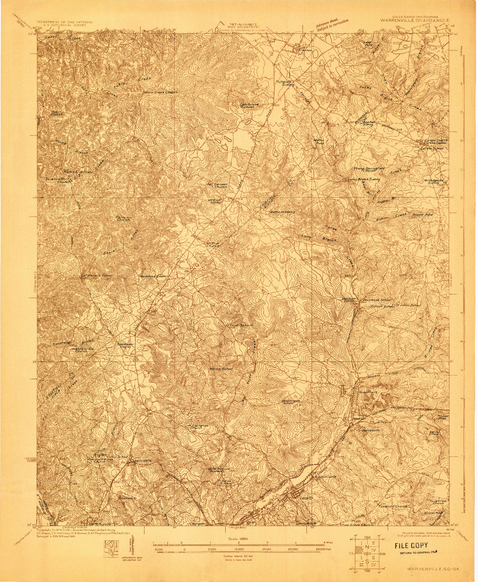 USGS 1:48000-SCALE QUADRANGLE FOR WARRENVILLE, SC 1923