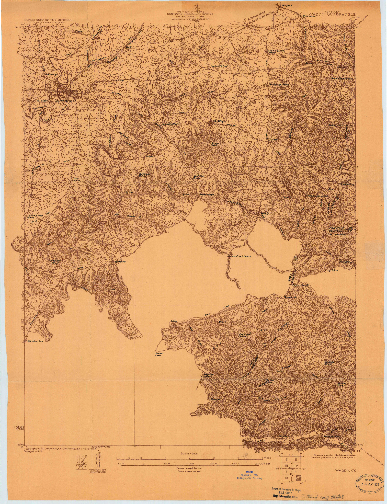 USGS 1:48000-SCALE QUADRANGLE FOR WADDY, KY 1923