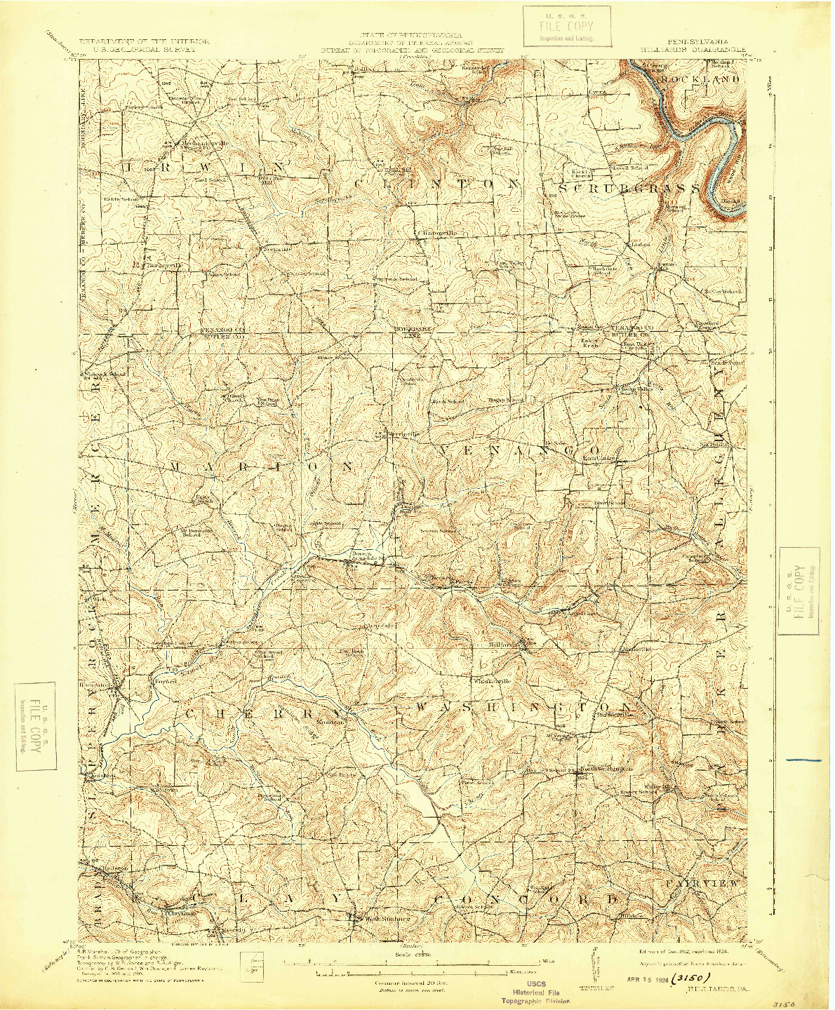USGS 1:62500-SCALE QUADRANGLE FOR HILLIARDS, PA 1912