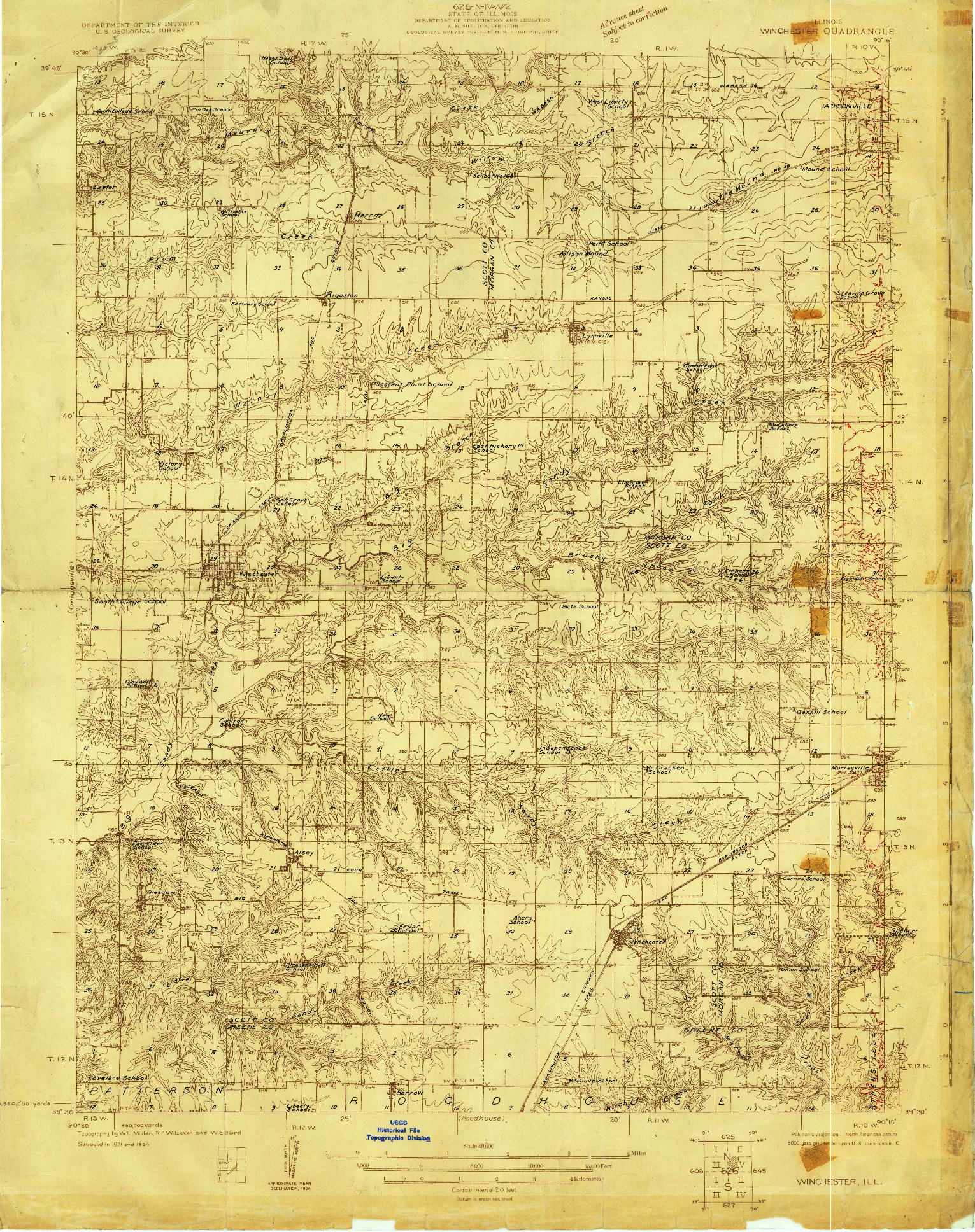 USGS 1:48000-SCALE QUADRANGLE FOR WINCHESTER, IL 1924