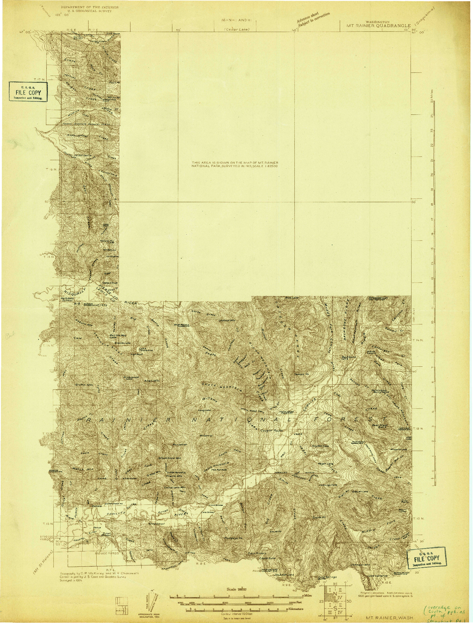 USGS 1:96000-SCALE QUADRANGLE FOR MT RAINIER, WA 1924