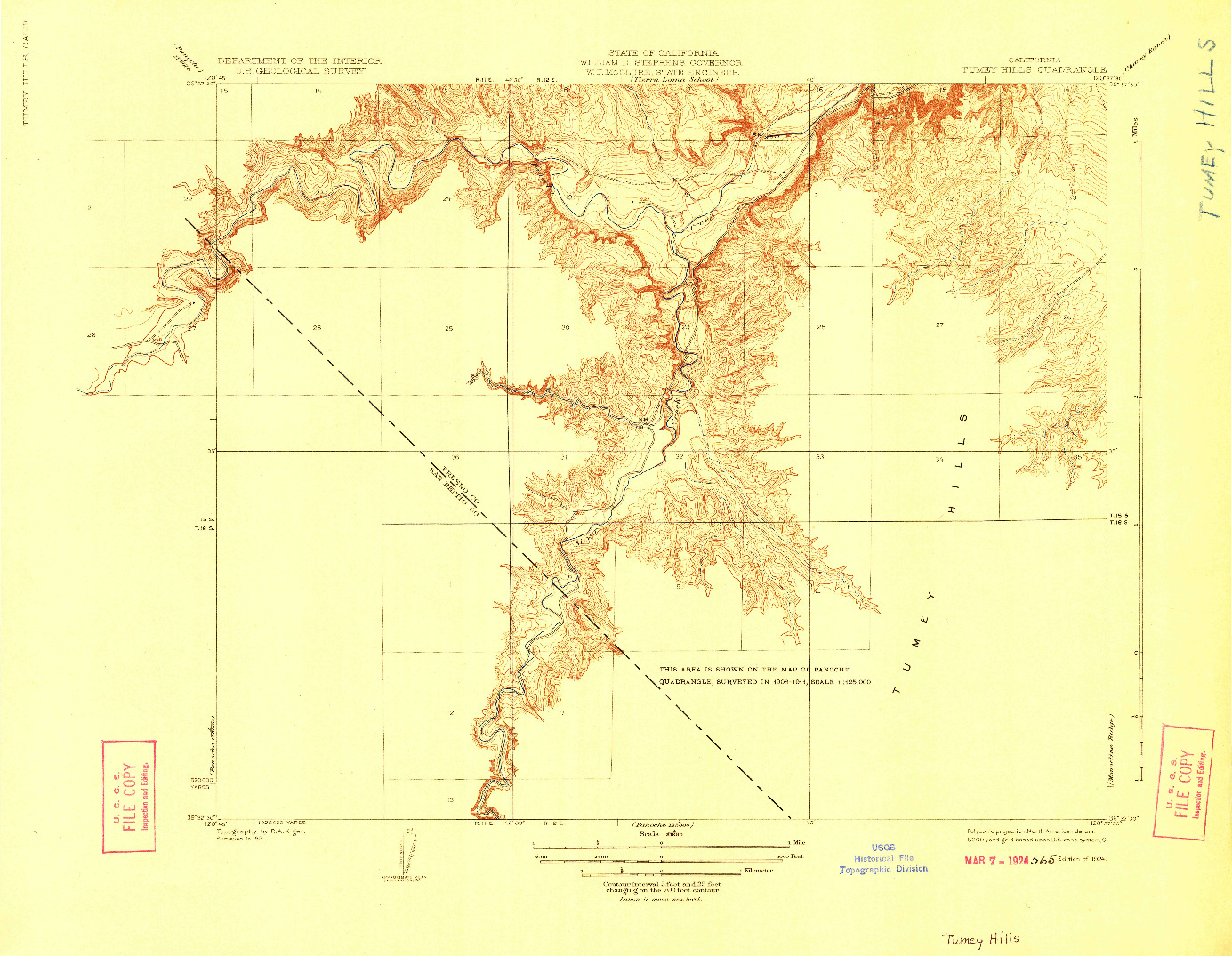USGS 1:31680-SCALE QUADRANGLE FOR TUMEY HILLS, CA 1924