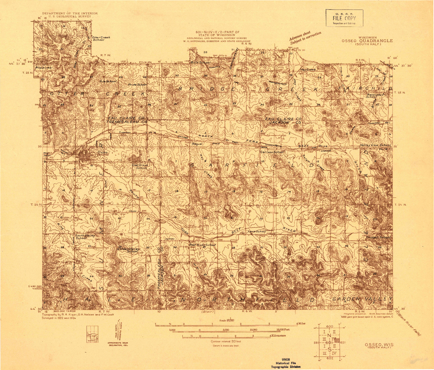 USGS 1:48000-SCALE QUADRANGLE FOR OSSEO (SOUTH HALF), WI 1924