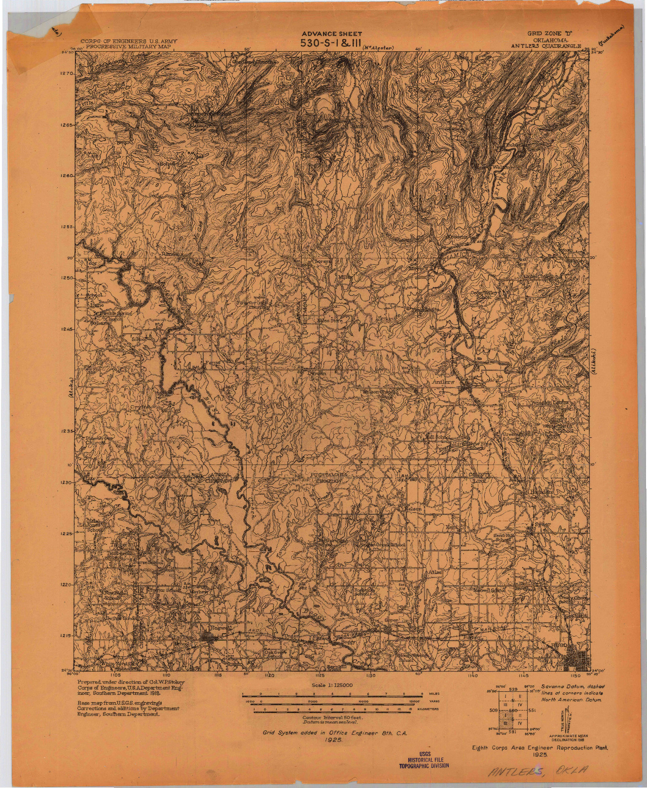 USGS 1:125000-SCALE QUADRANGLE FOR ANTLERS, OK 1925