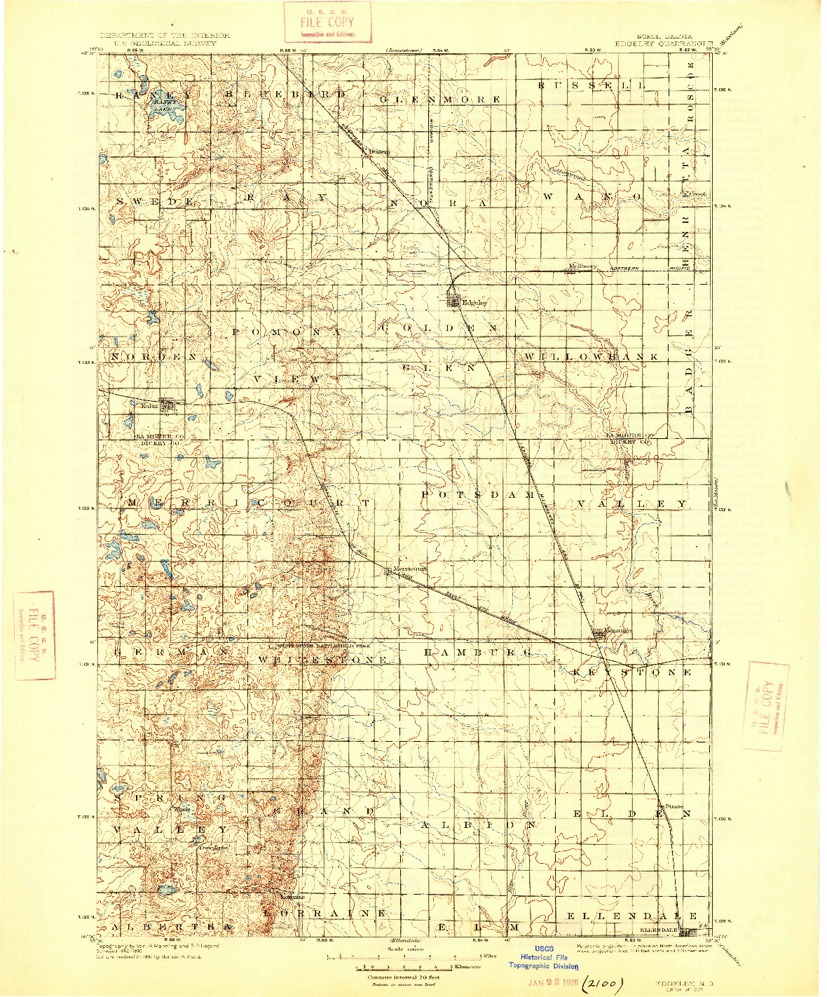 USGS 1:125000-SCALE QUADRANGLE FOR EDGELEY, ND 1925