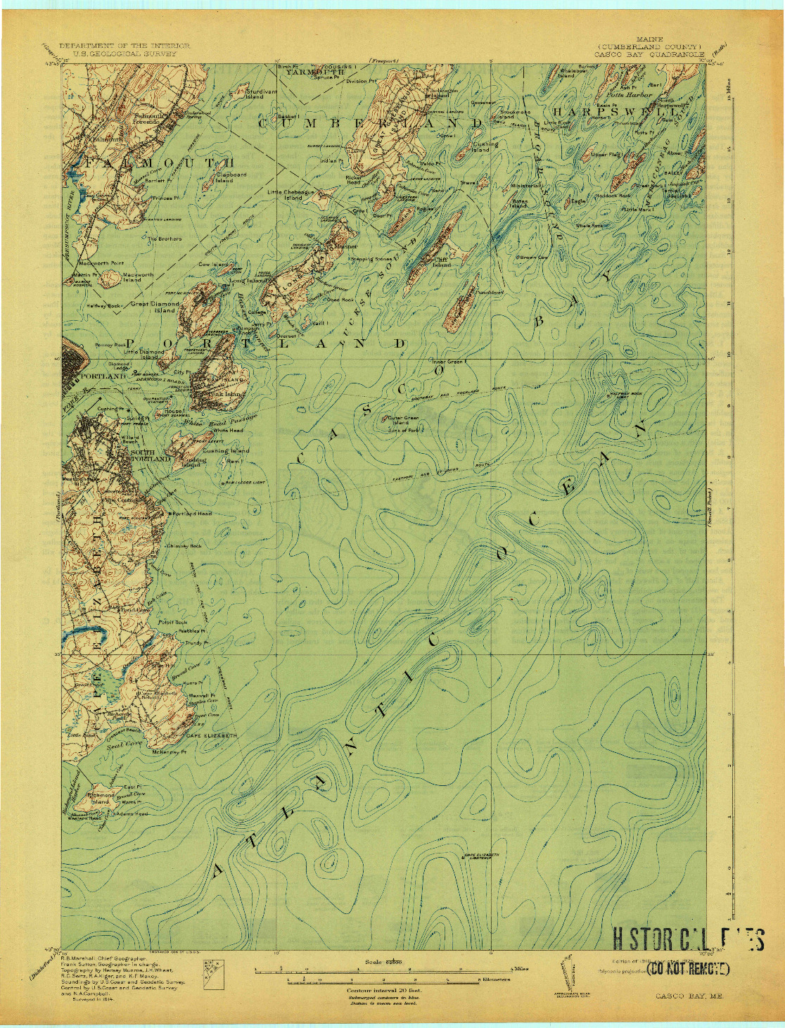 USGS 1:62500-SCALE QUADRANGLE FOR CASCO BAY, ME 1916