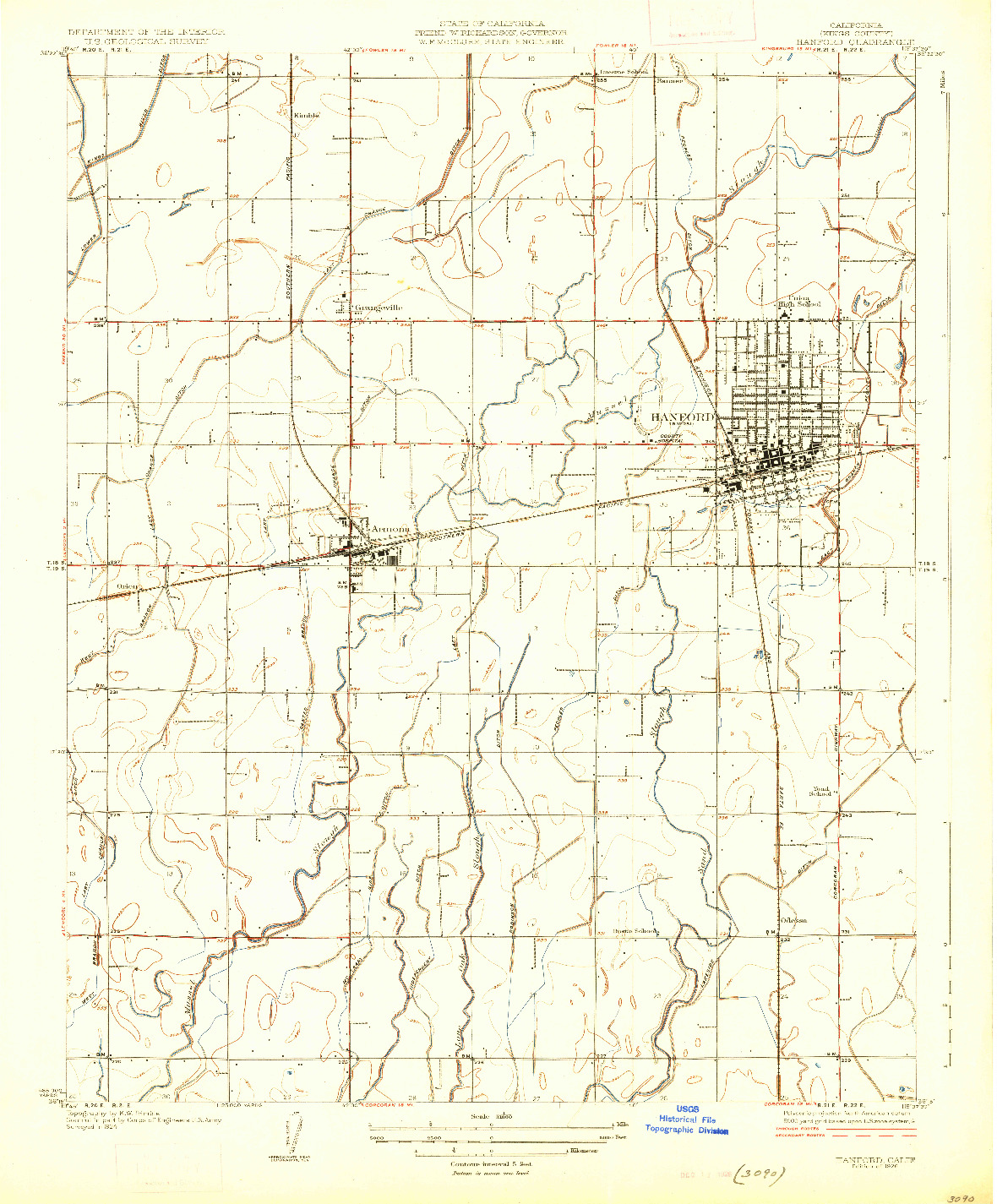 USGS 1:31680-SCALE QUADRANGLE FOR HANFORD, CA 1926