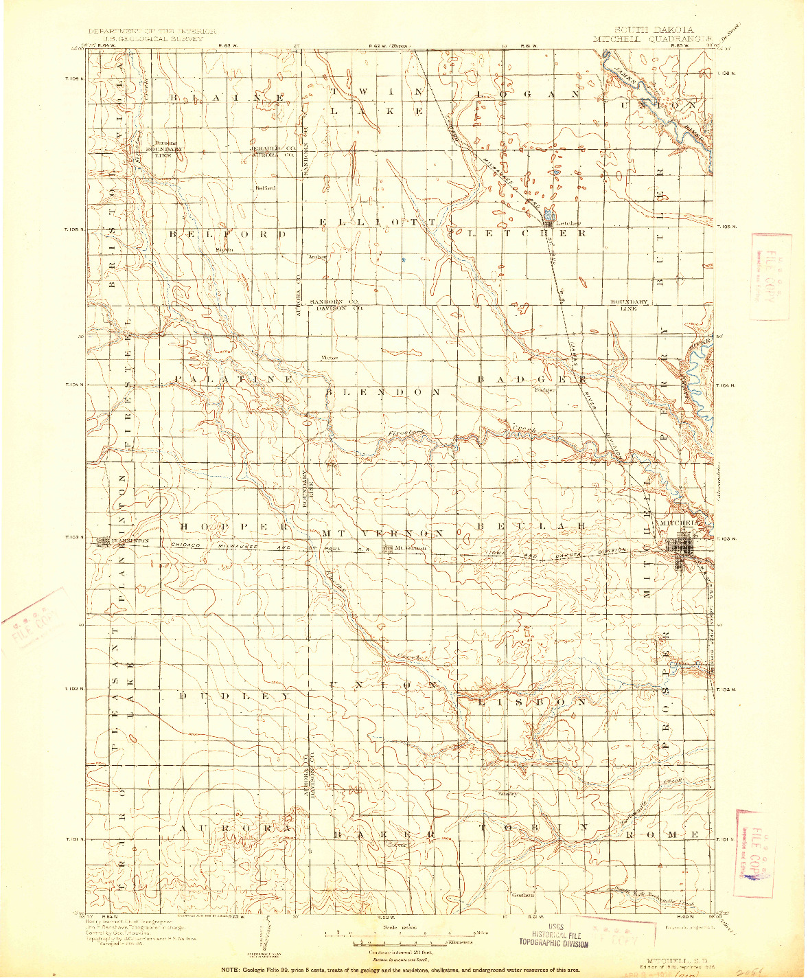 USGS 1:125000-SCALE QUADRANGLE FOR MITCHELL, SD 1899