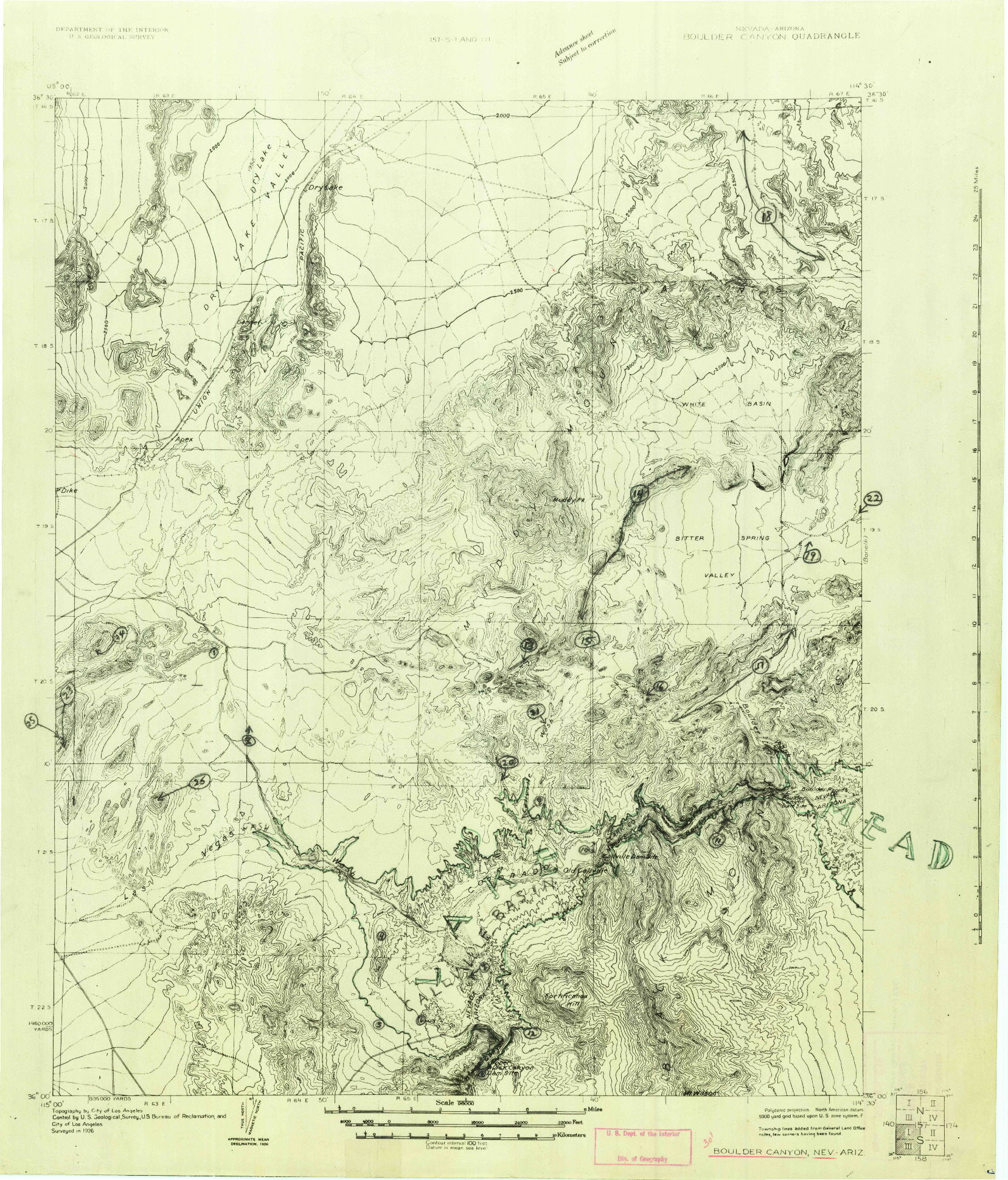 USGS 1:96000-SCALE QUADRANGLE FOR BOULDER CANYON, NV 1926