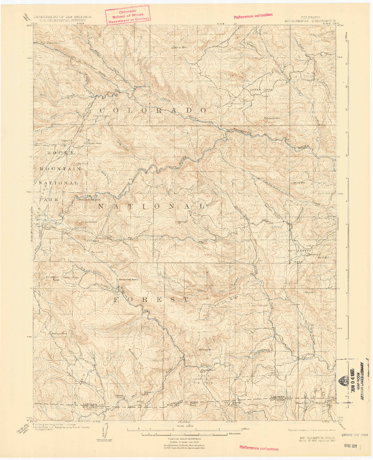 USGS 1:62500-SCALE QUADRANGLE FOR MOUNT OLYMPUS, CO 1907