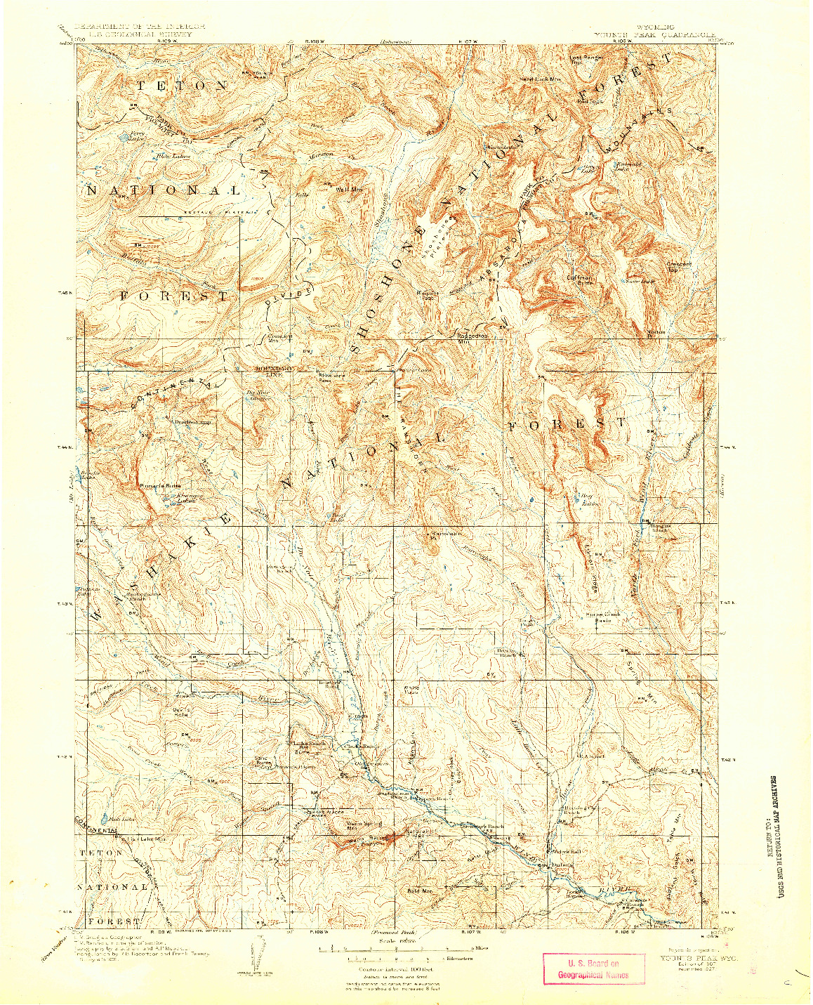 USGS 1:125000-SCALE QUADRANGLE FOR YOUNTS PEAK, WY 1907