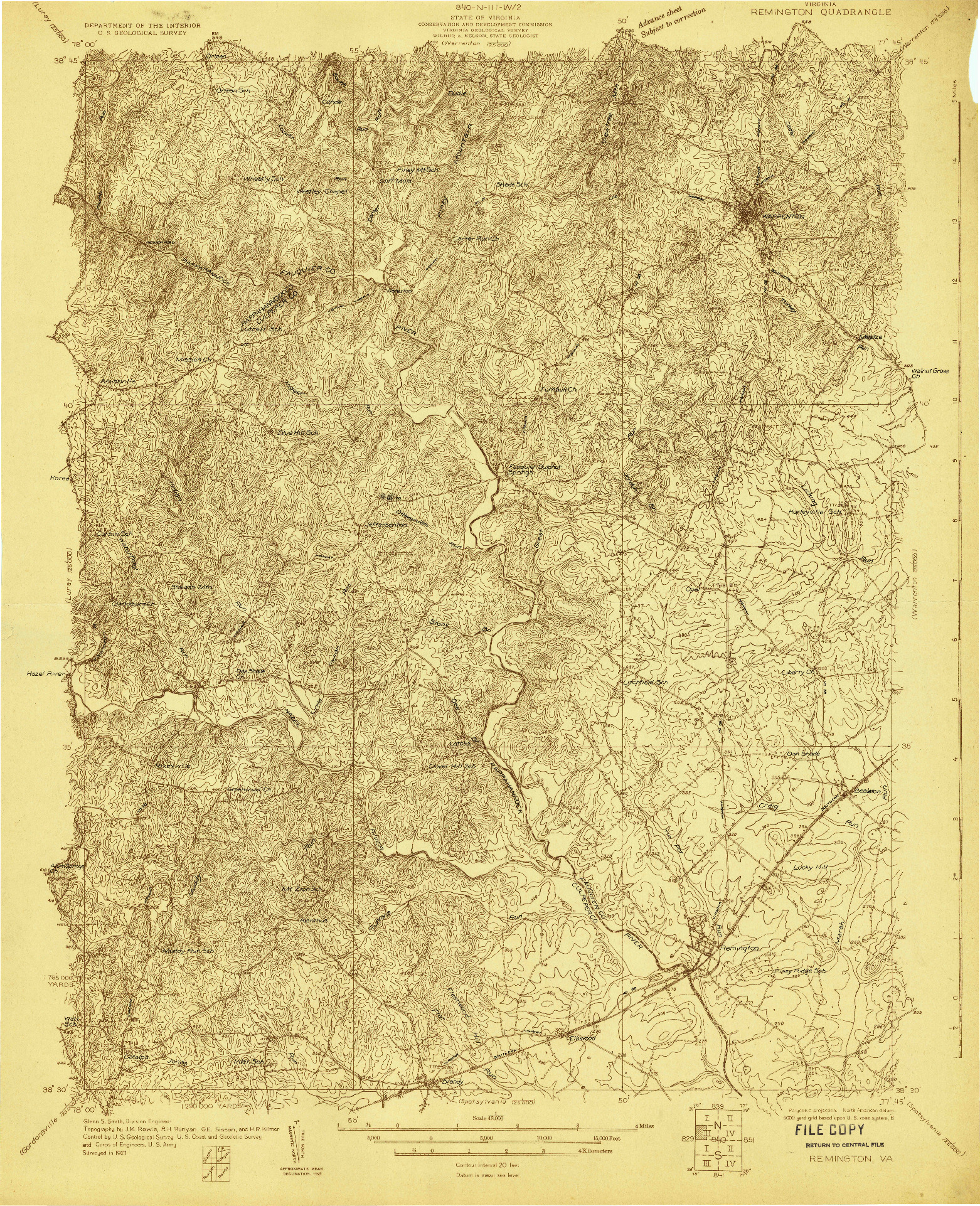 USGS 1:48000-SCALE QUADRANGLE FOR REMINGTON, VA 1927