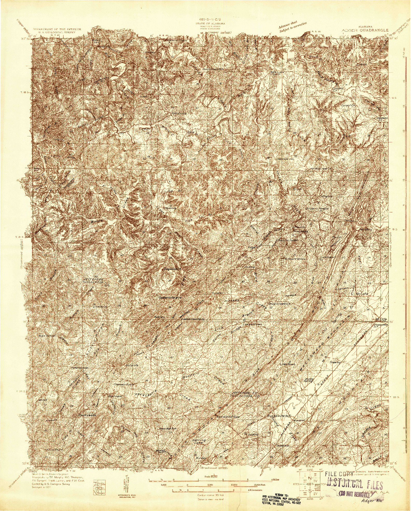 USGS 1:48000-SCALE QUADRANGLE FOR ADGER, AL 1927