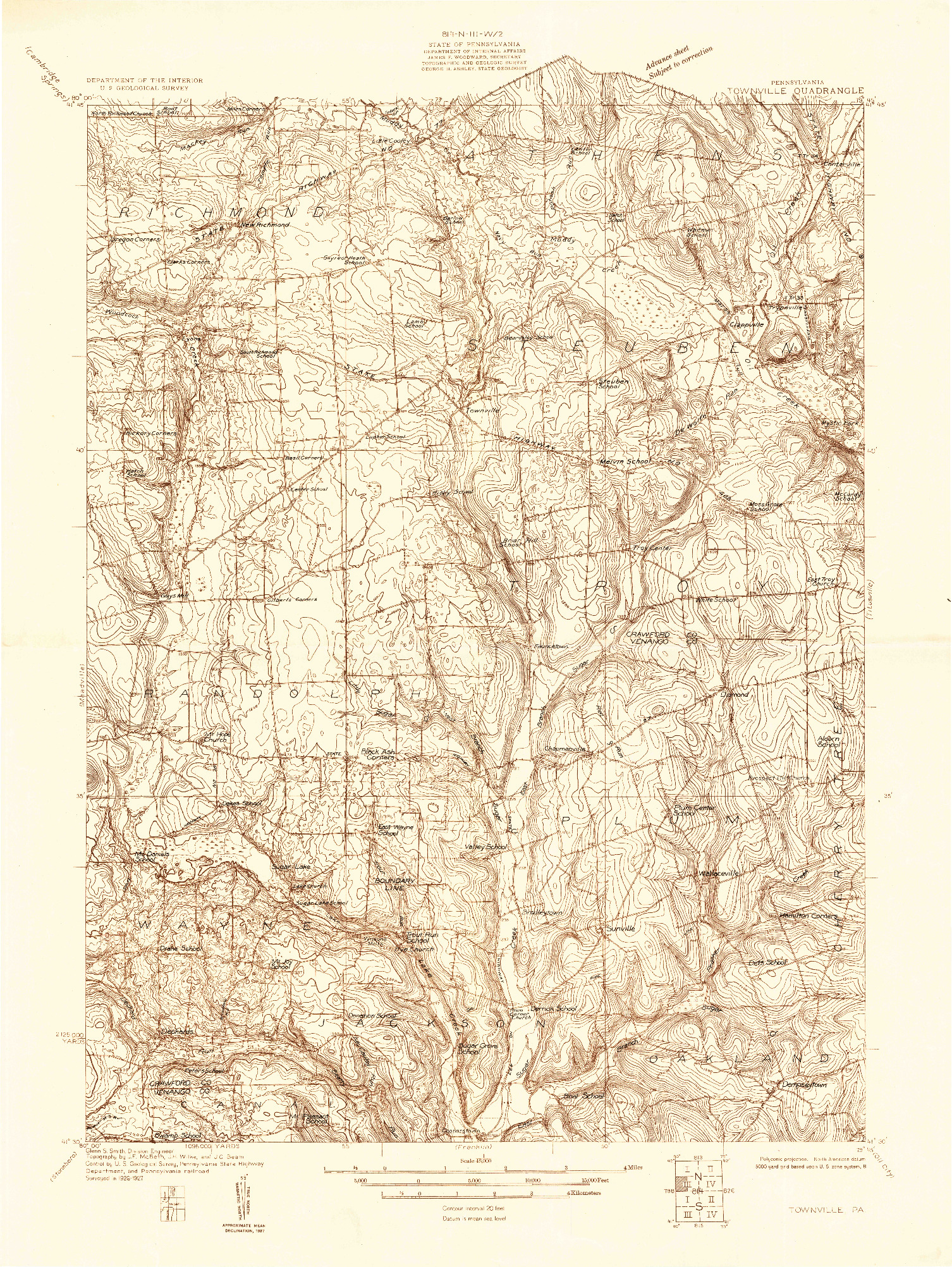 USGS 1:48000-SCALE QUADRANGLE FOR TOWNVILLE, PA 1927