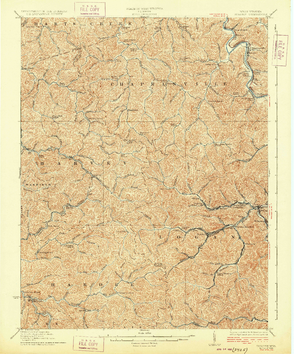 USGS 1:62500-SCALE QUADRANGLE FOR HOLDEN, WV 1928