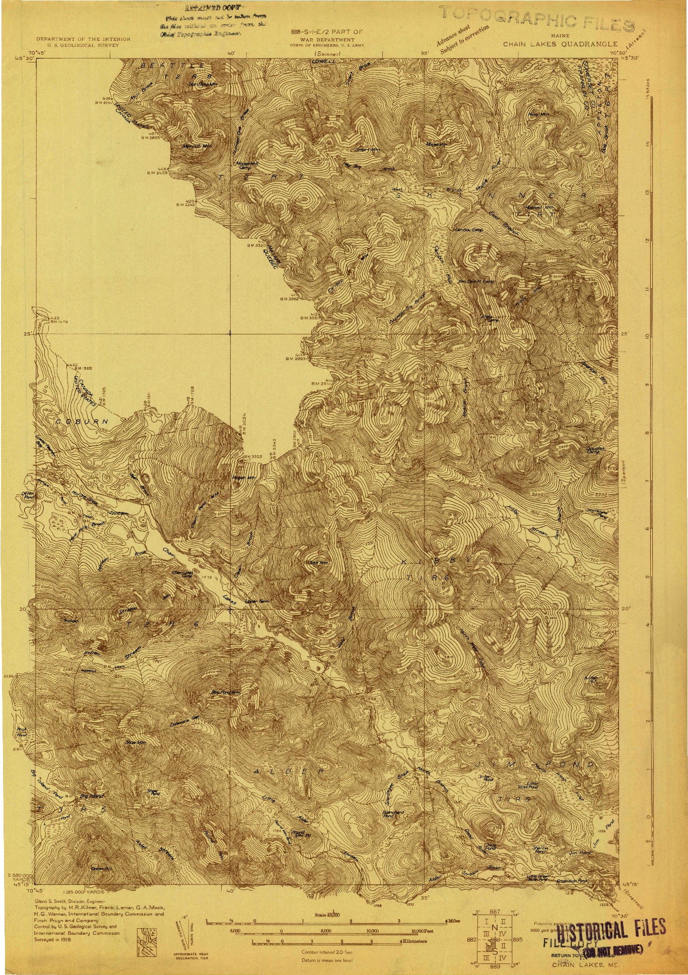 USGS 1:48000-SCALE QUADRANGLE FOR CHAIN LAKES, ME 1928