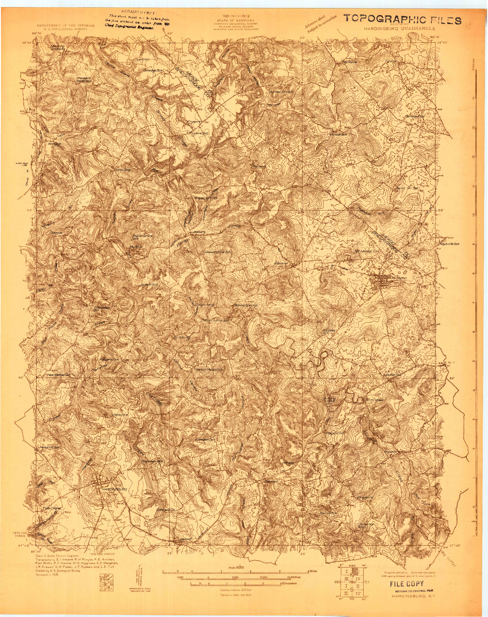 USGS 1:48000-SCALE QUADRANGLE FOR HARDINSBURG, KY 1928