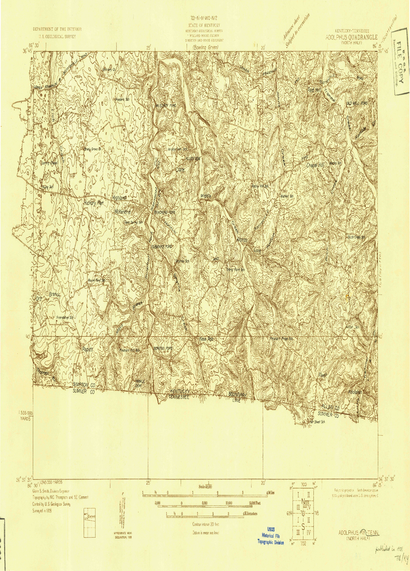 USGS 1:48000-SCALE QUADRANGLE FOR ADOLPHUS, KY 1928
