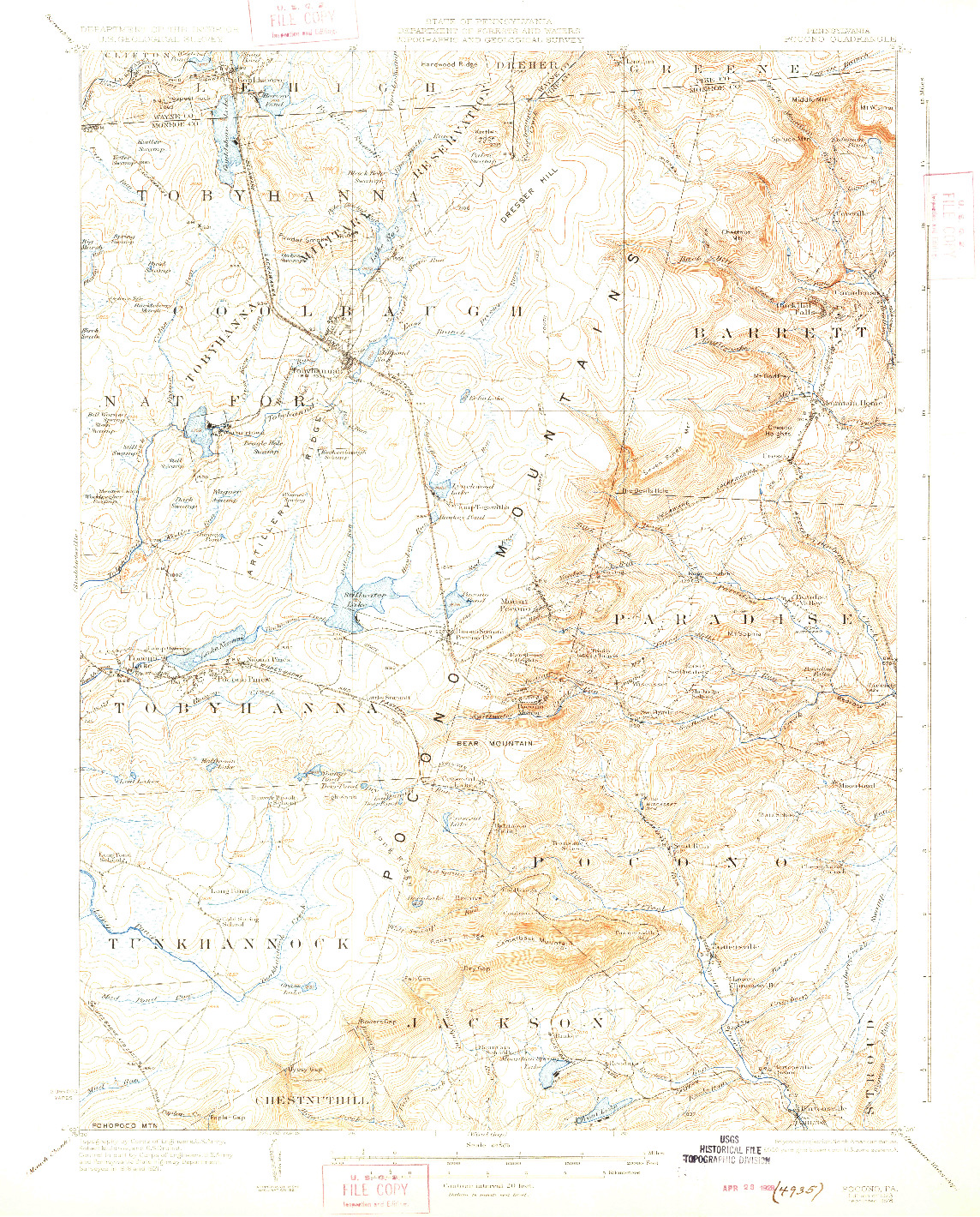 USGS 1:62500-SCALE QUADRANGLE FOR POCONO, PA 1923