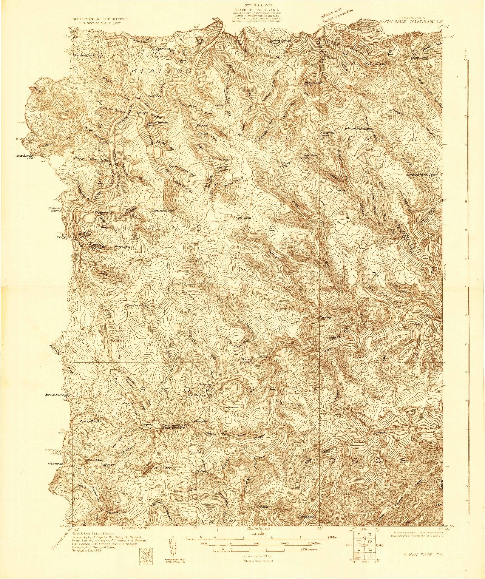 USGS 1:48000-SCALE QUADRANGLE FOR SNOW SHOE, PA 1928