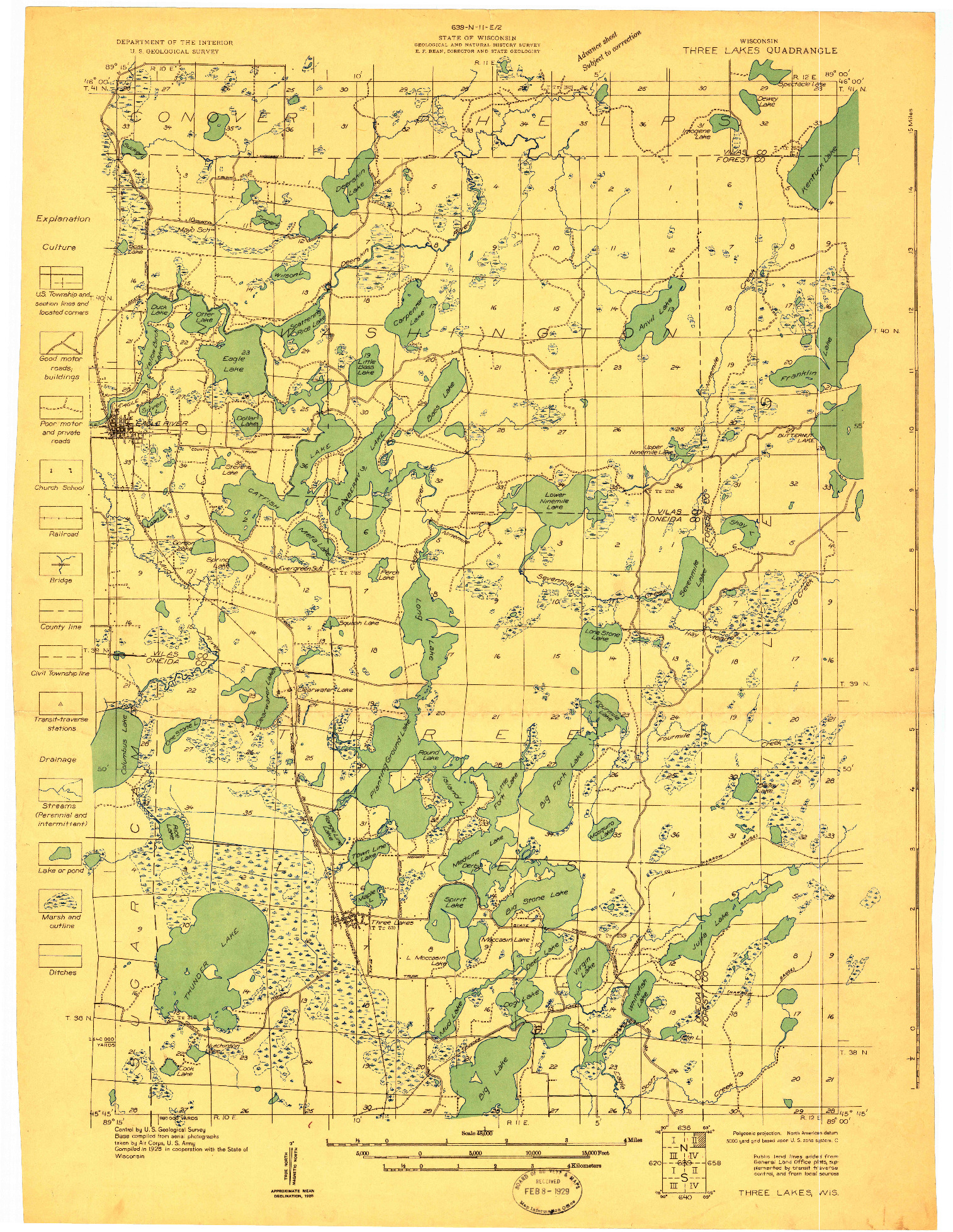 USGS 1:48000-SCALE QUADRANGLE FOR THREE LAKES, WI 1928