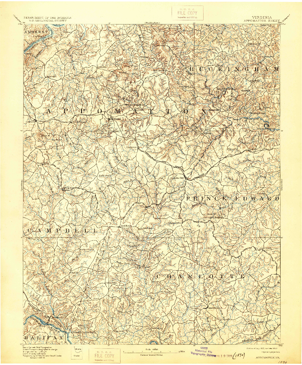 USGS 1:125000-SCALE QUADRANGLE FOR APPOMATTOX, VA 1892