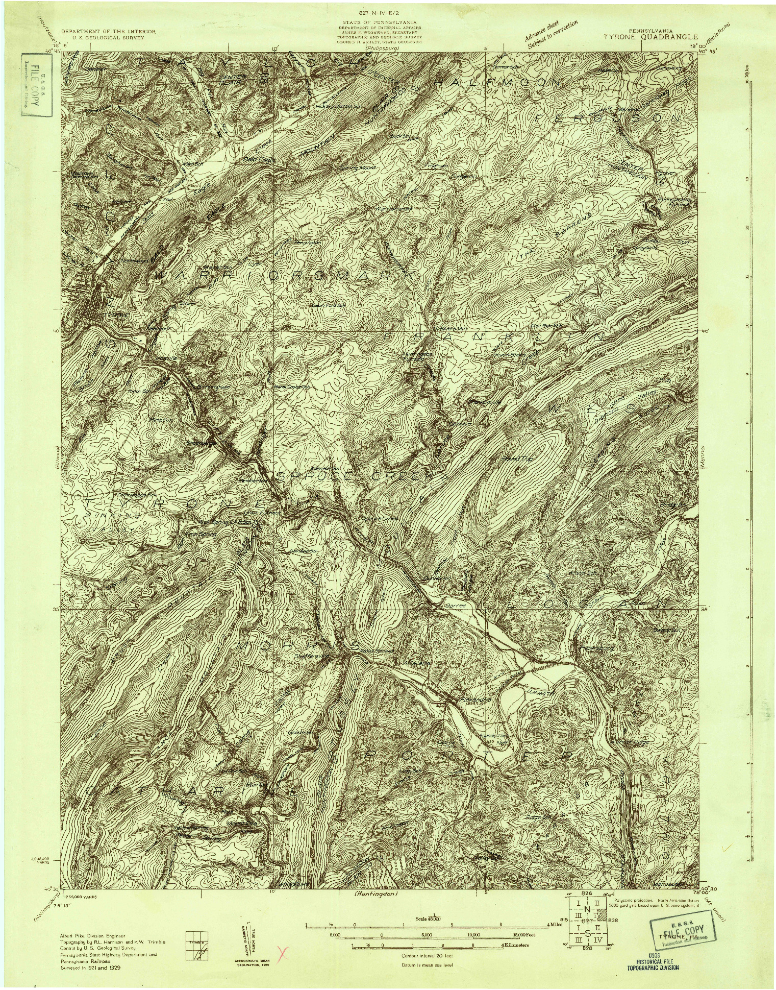 USGS 1:48000-SCALE QUADRANGLE FOR TYRONE, PA 1929